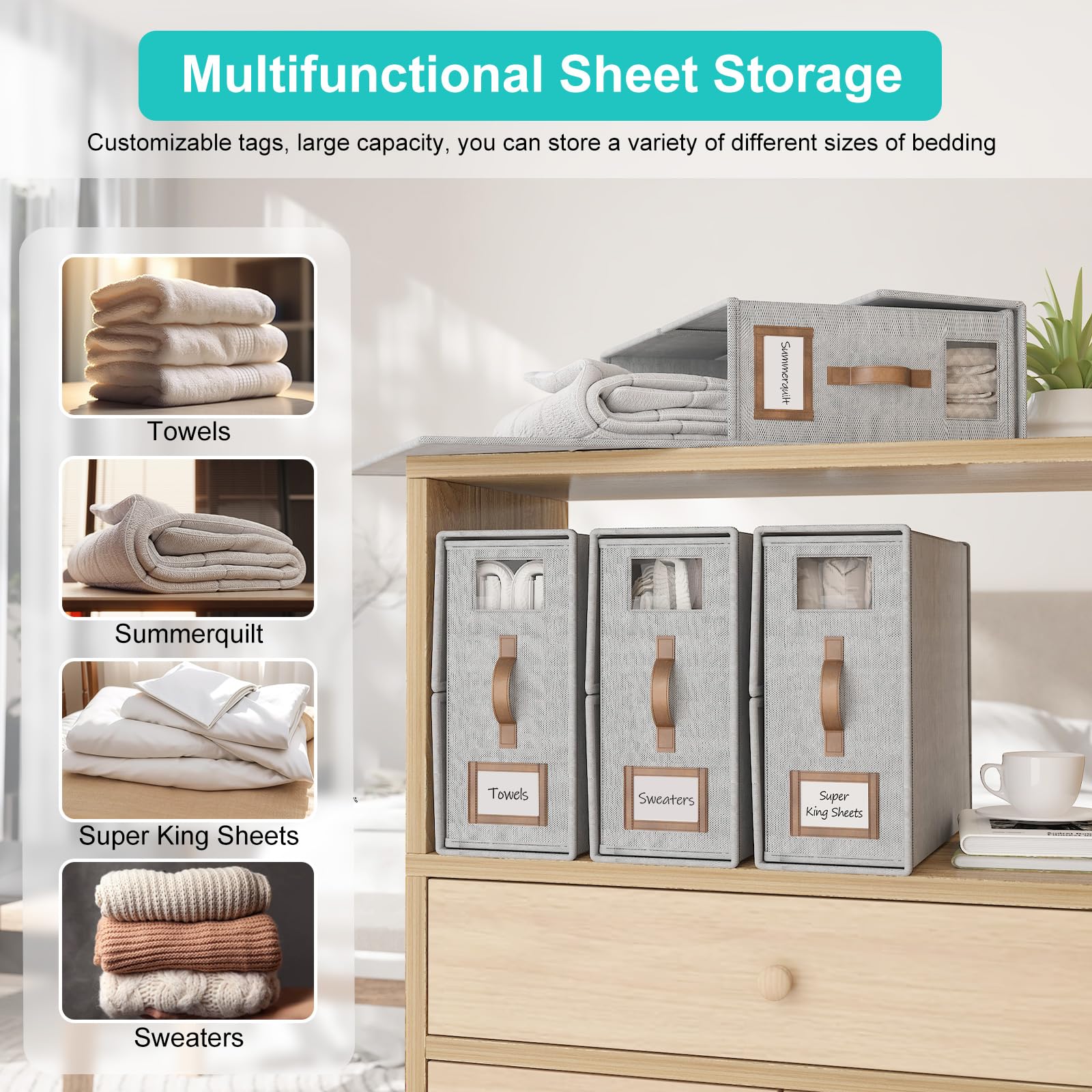 BigPonPon 4 Pack Bed Sheets Organizers And Storage (Cal King Size),Foldable Sheet Organizer With Handle For Linen Closet,Bedding