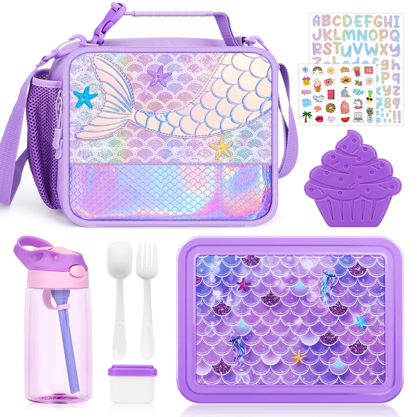 JYPS Mermaid Bento Box for Kids with Insulated Lunch Bag, Lunch box Set with kids water bottle,Sauce Container,Ice Pack,Utensils