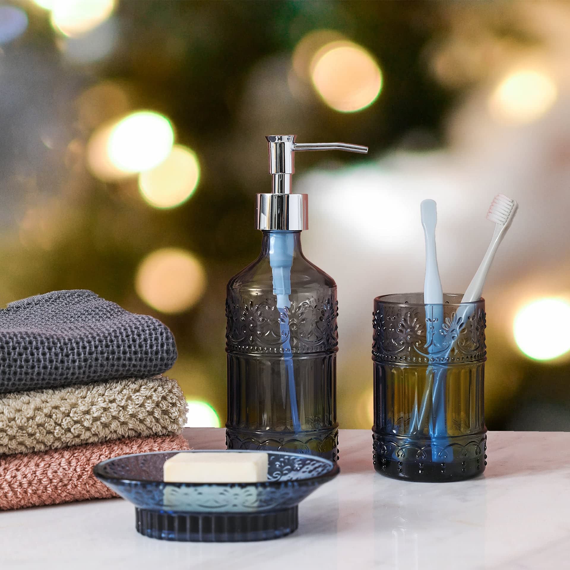 Whole Housewares | Premium Bathroom Accessory Set | 4-Piece Decorative Blue Glass Bathroom Decor Accessories Set | Soap Dispense