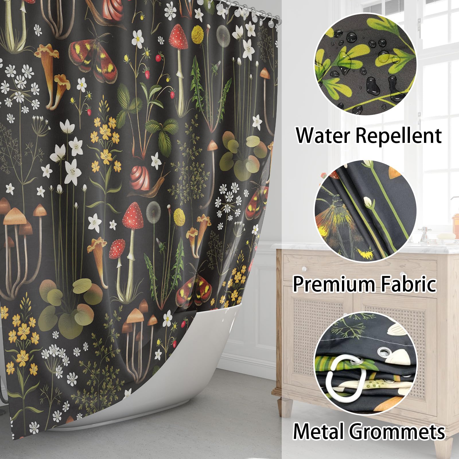 Emwnodti Retro Mushroom Shower Curtain For Bathroom, Fairy Forest Flowers Plants On Black Background Bath Curtains, Vintage Bota