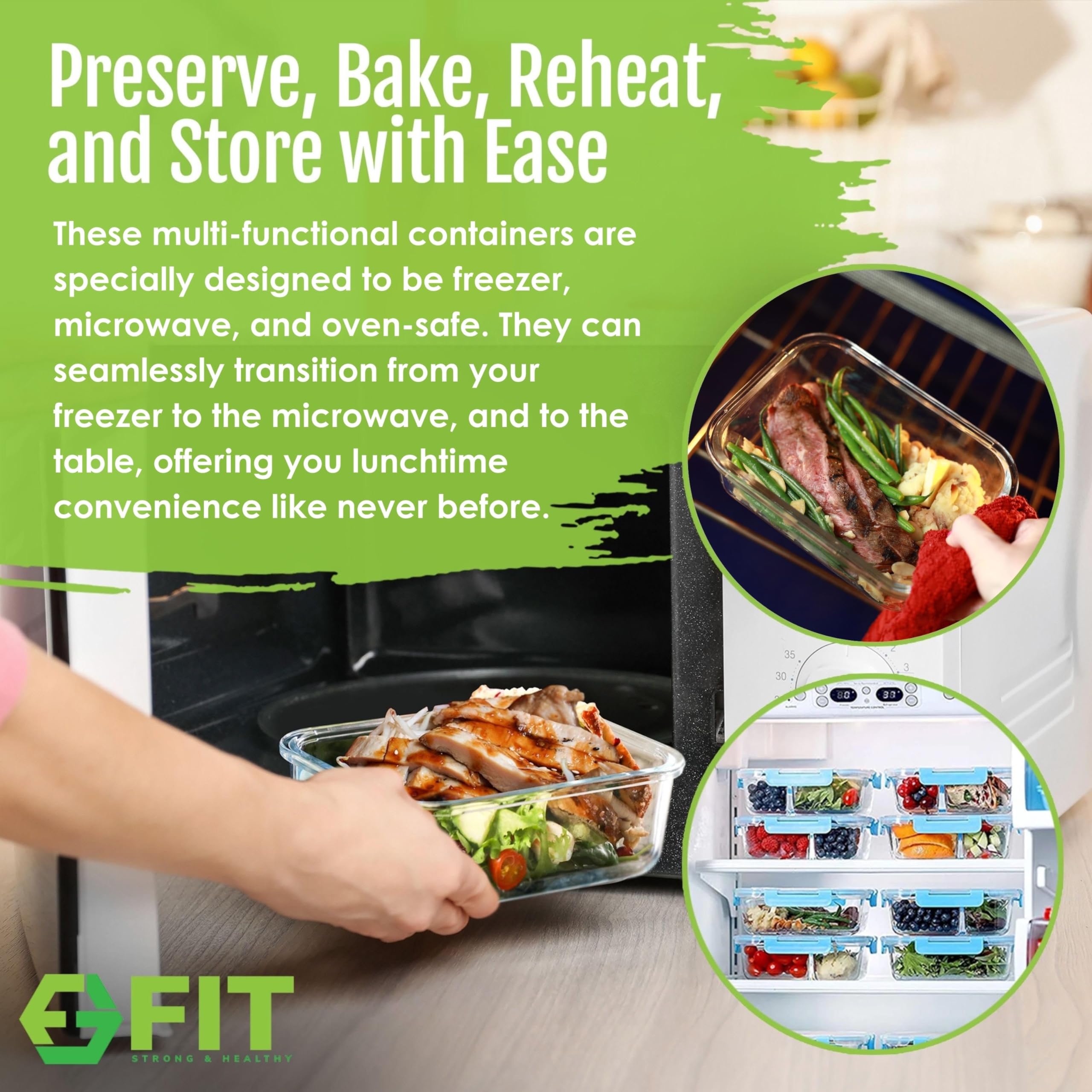 Fit Strong & Healthy Glass Meal Prep Containers 3 Compartments - Portion Control, Snack & Lunch Container, Food Storage, Airtigh