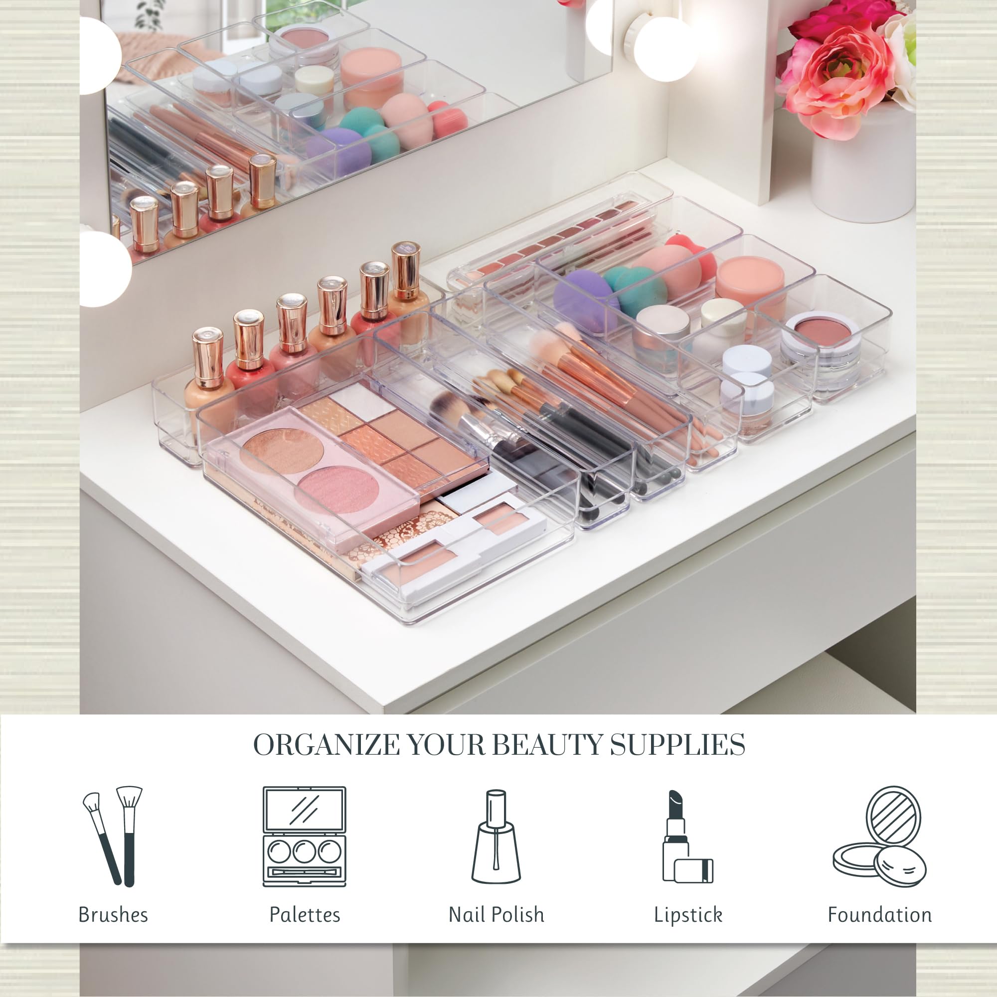 STORi SimpleSort 10-Piece Stackable Clear Drawer Organizer Set | Multi-size Trays | Makeup Vanity Storage Bins and Office Desk D