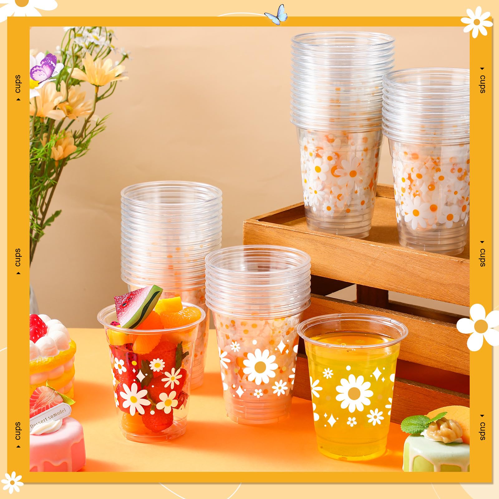 Yaomiao 50 Pieces Daisy Plastic Cups 12 Oz Bulk Retro Hippie Clear Disposable Cups Daisy Flower Drinking Beverage Cups For Birth