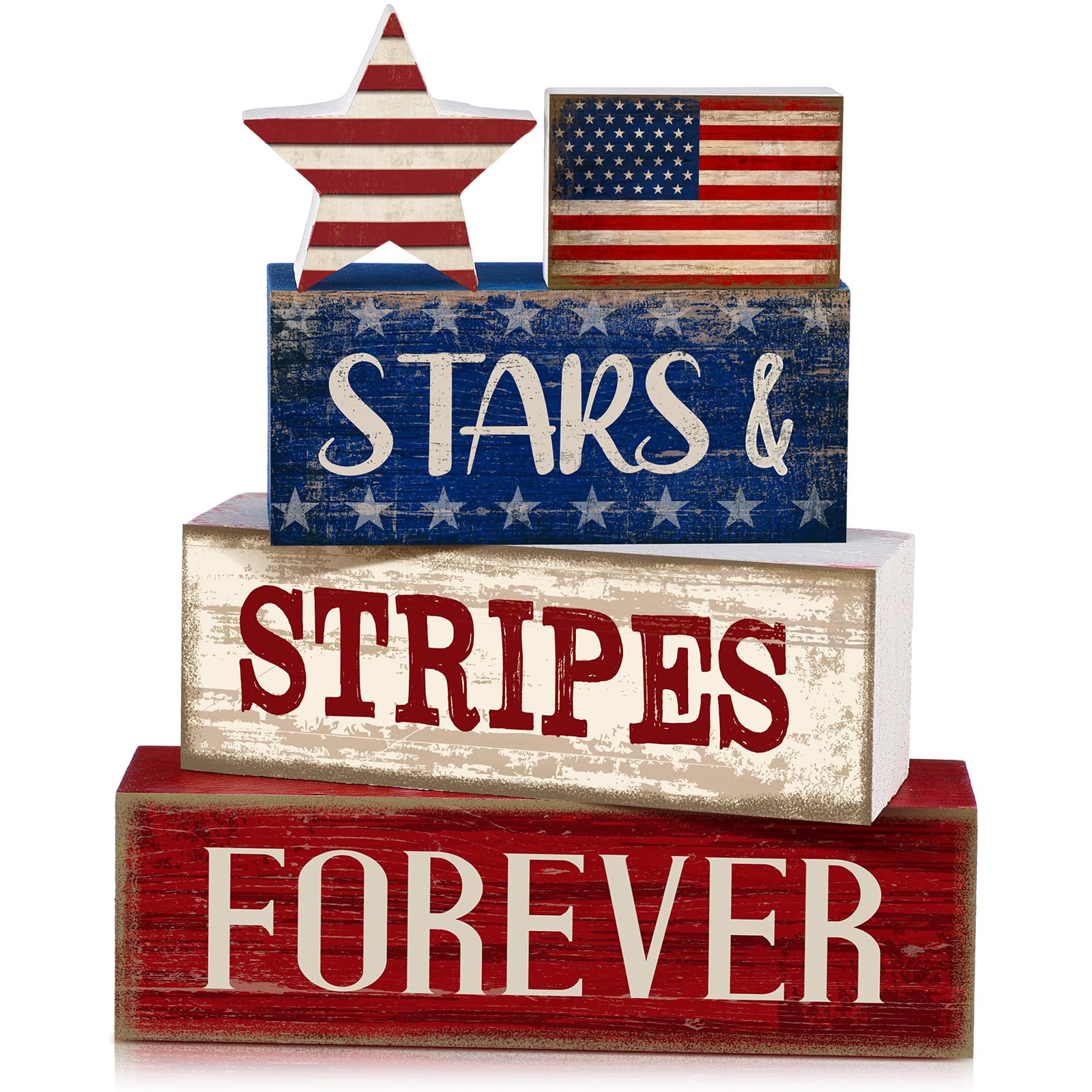 CroBlissful 5 Pcs 4th of July Decorations Patriotic Memorial Day Tabletop Decoration Forever Red White Blue Table Centerpieces S