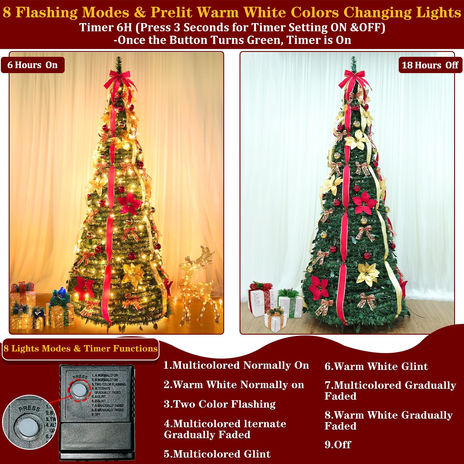 6.5 Ft Prelit Full Pop up Christmas Tree with Timer 8 Mode 200 Warm Lights, Ornaments, Red&Gold Ribbon, Flowers, Bows,UL Plug Po