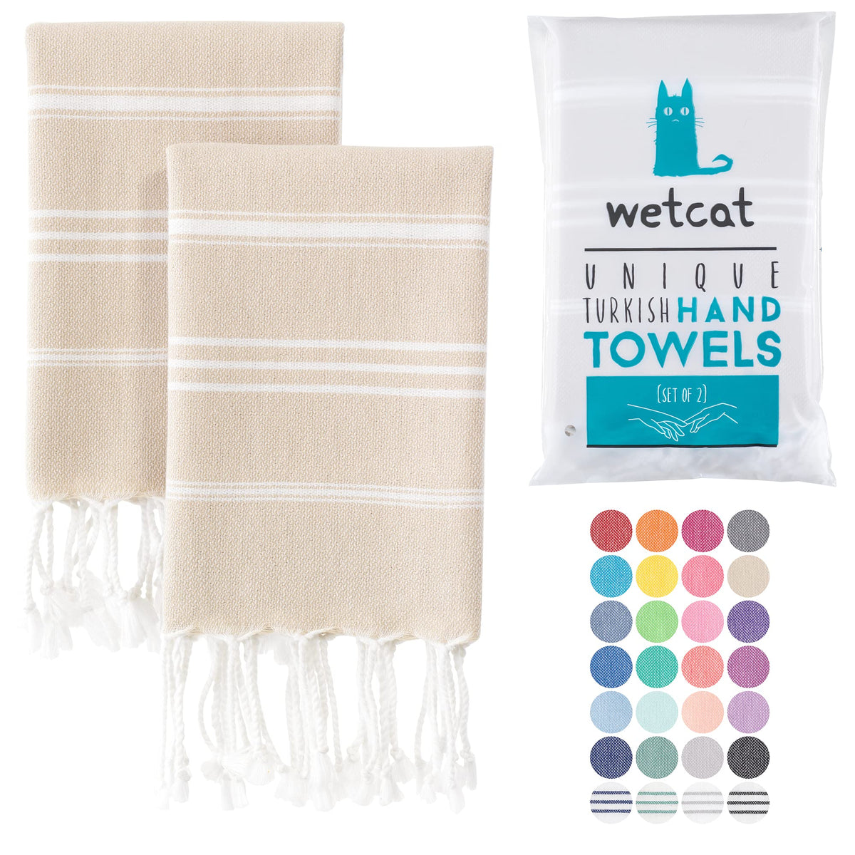 Wetcat Turkish Hand Towels With Hanging Loop (20 X 30) - Set Of 2, 100% Cotton, Soft - Pre Washed Boho Farmhouse Kitchen Towels