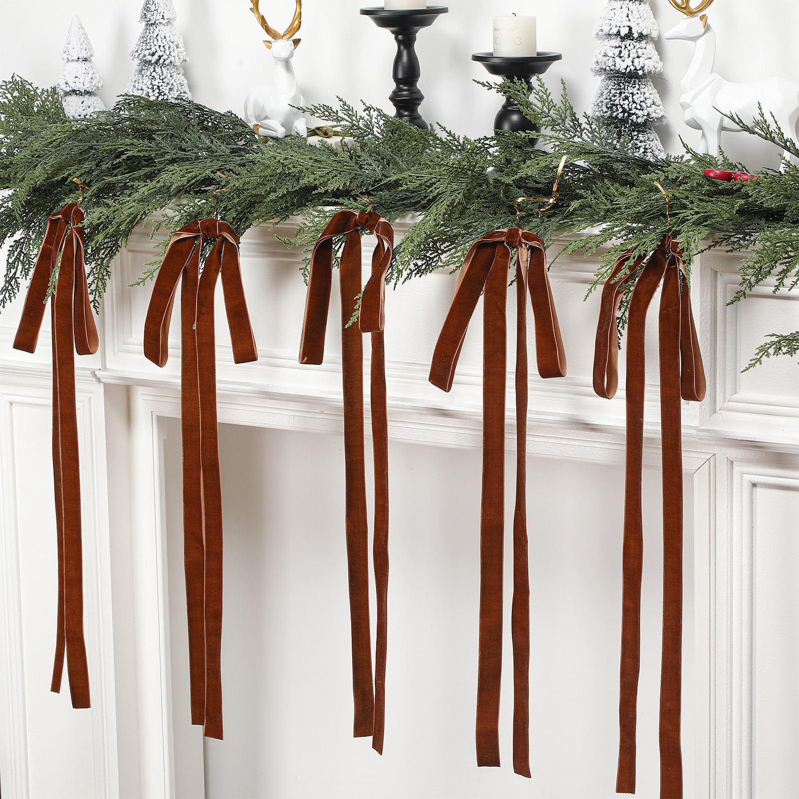 Janinka 6 Pcs Dark Brown Long Velvet Bow Ornaments Christmas Swag 23.5x15.5 Inch Rustic Vintage Large Velvet Christmas Staircase