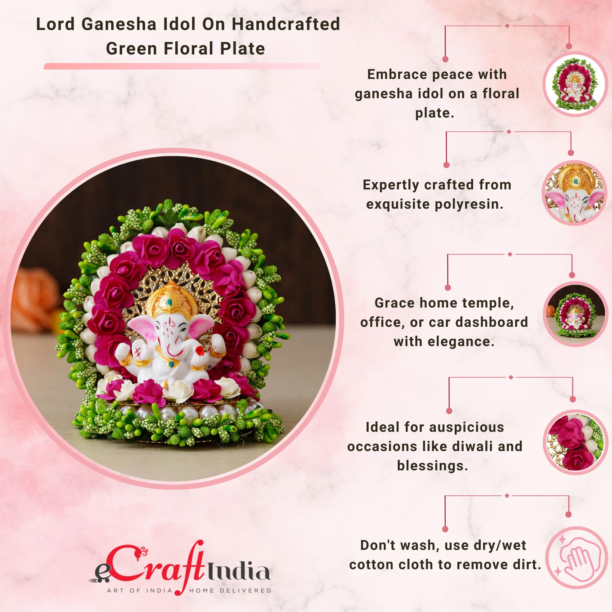 Ecraftindia Resin Lord Ganesha Idol On Decorative Green Pink Floral Plate| Ganesha Idol For Home Decor Car Dashboard| Ganesha St