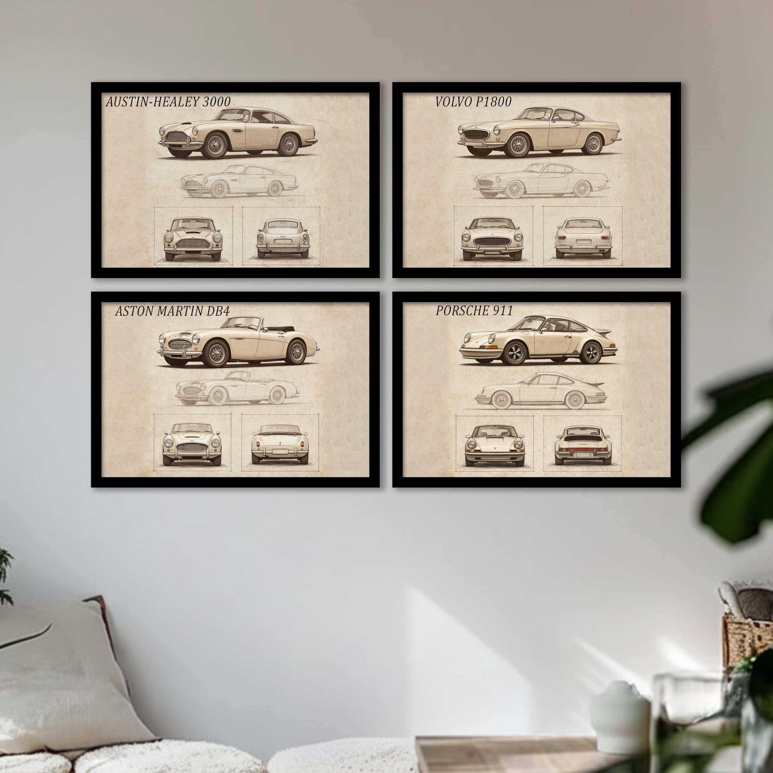 Vintage Classic Car Framed Wall Art Painting Set Of 4 | Retro Automobile Illustration Prints For Living Room, Office & Garage Dc