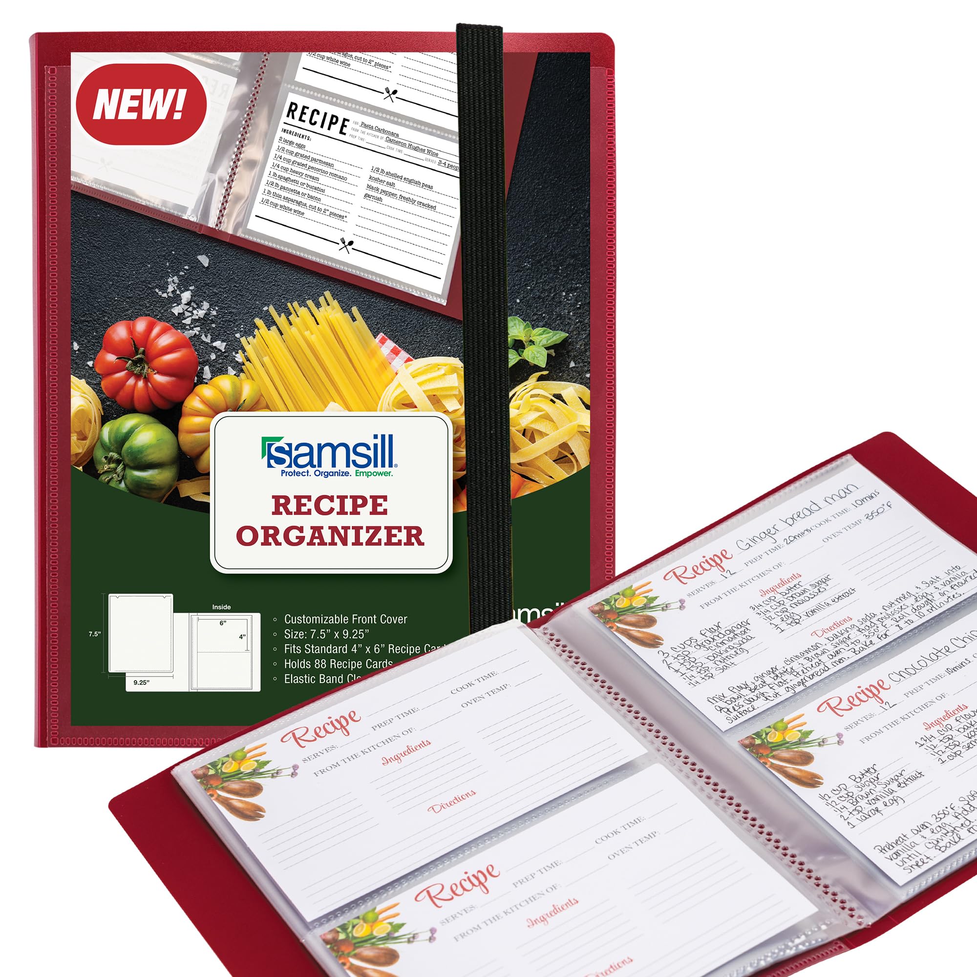 Samsill Plastic Recipe Holder, Recipe Book with Plastic Sleeves, Holds up to 88 Recipe Cards, 4x6 Index Cards, Customizable Cove
