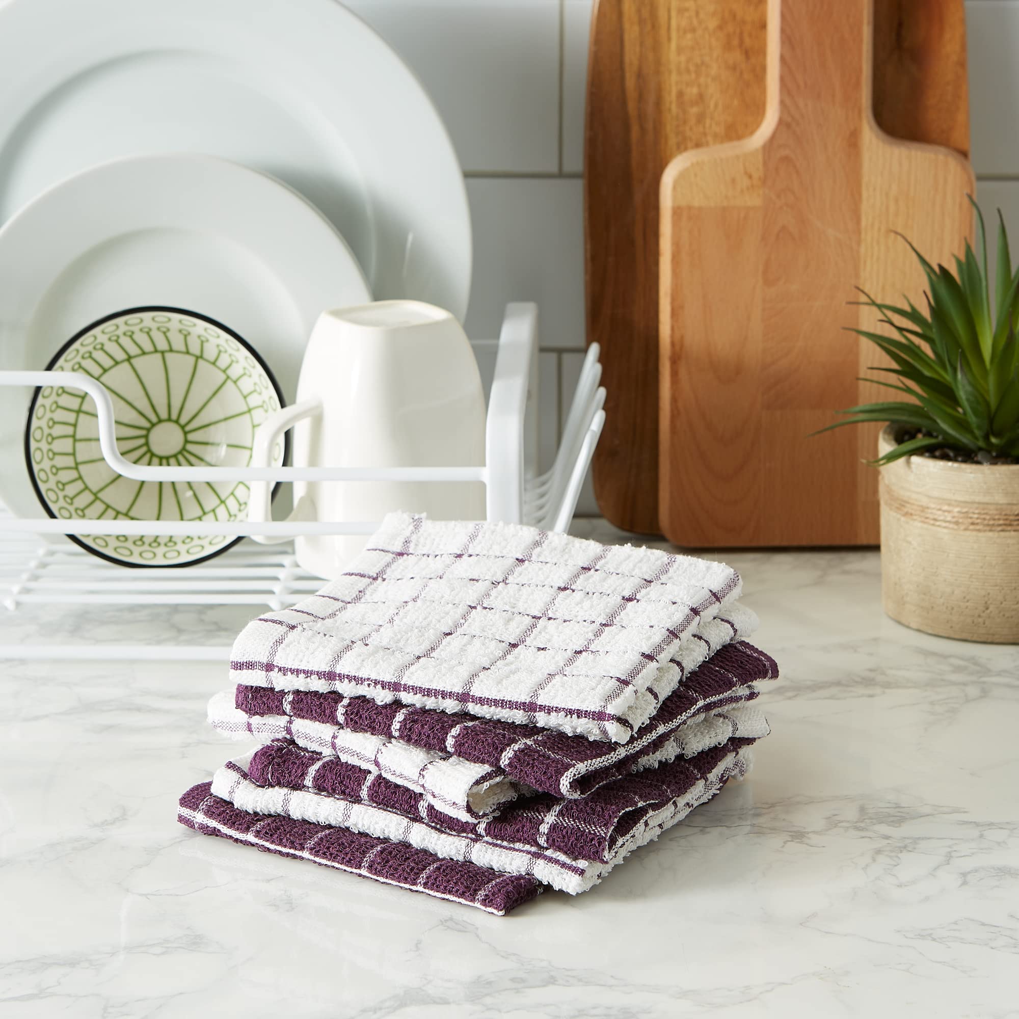 Dii Basic Terry Collection Windowpane Dishcloth Set, 12X12, Eggplant, 6 Piece