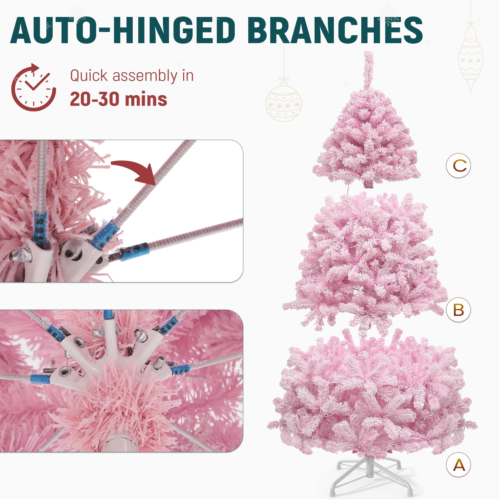 YITAHOME 4.5 FT Prelit Pink Flocked Christmas Tree, Pre-Lit Pink Spruce Artificial Christmas Tree with 400 PVC Flocked Tips and