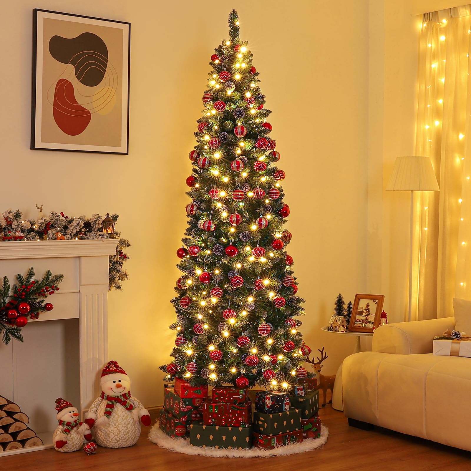 Homde Pencil Christmas Tree 7 Foot Pre-Lit Artificial Christmas Tree with Flocked Snow Pine Cone 210 Warm White Light Holiday De