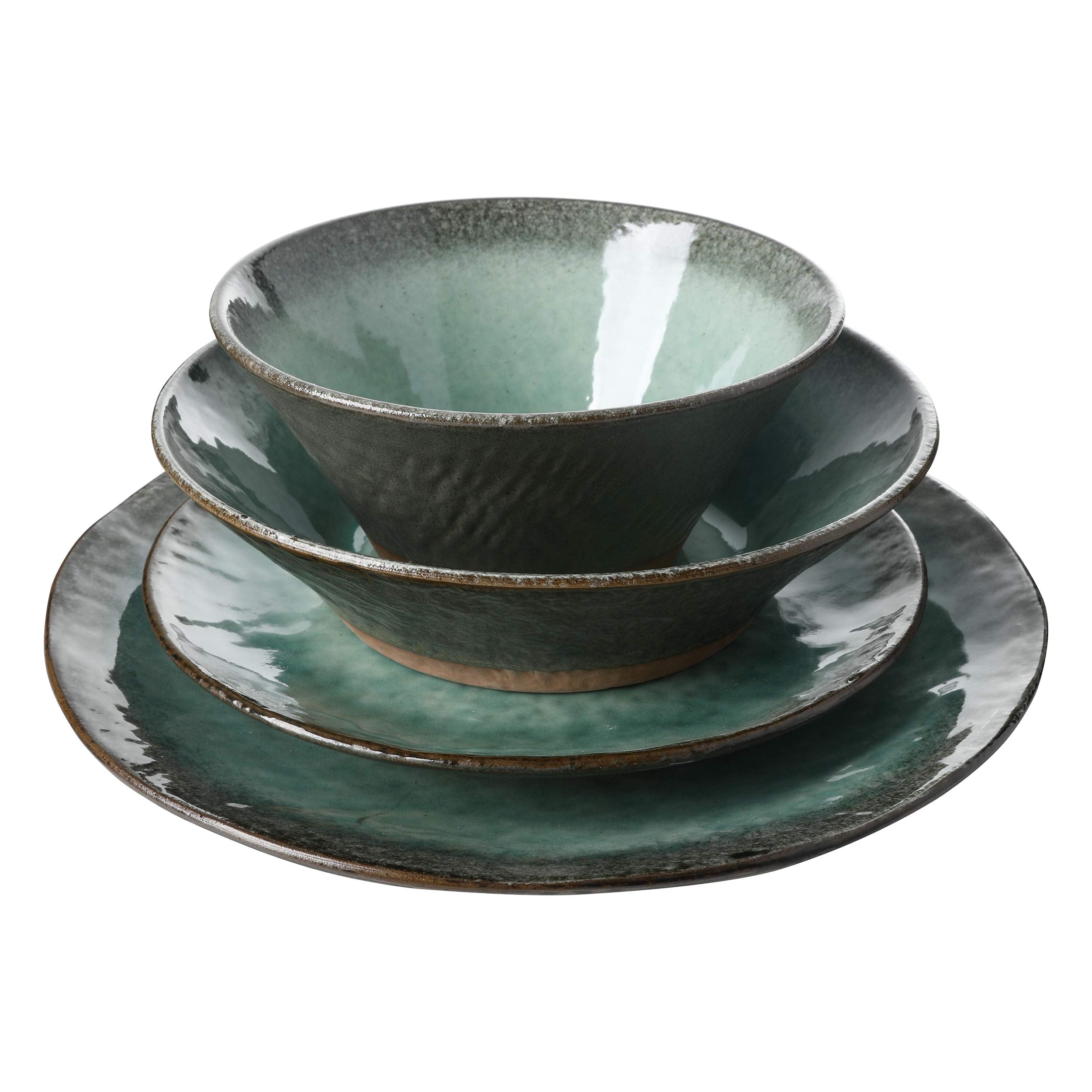 Gibson Elite Double Bowl Dinnerware Set, Service for 4 (16pcs), Stoneware, Teal & Soft Gray, Green Lantern Model 123471.16RM