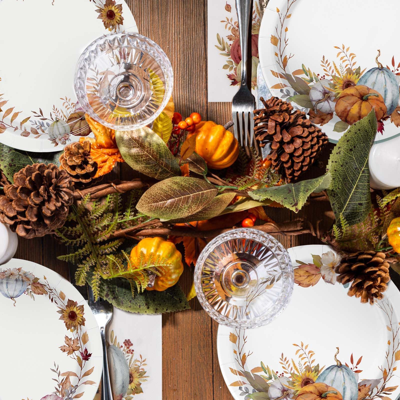 Grencian 200pcs Fall Paper Plates and Napkins Party Supplies Autumn Pumpkin Party Tableware Set Disposable Plates 350GSM Thanksg
