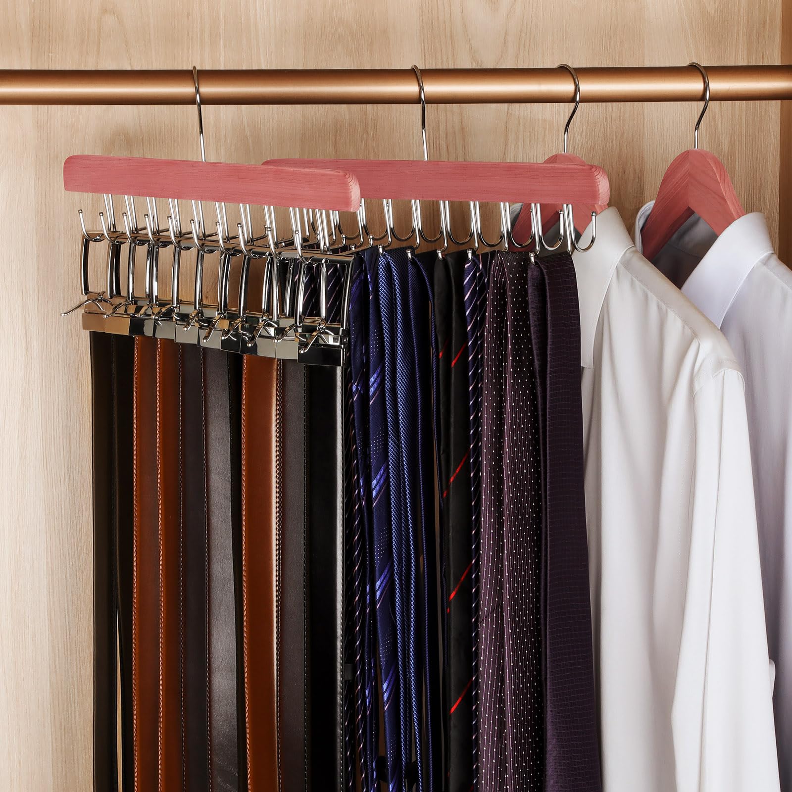 Topia Hanger Cedar 2 In 1 Belt Tie Hanger For Closet Max 30 Belts With 30 Ties Capacity, 20 Hooks Belt Tie Racks Hanger For Clos