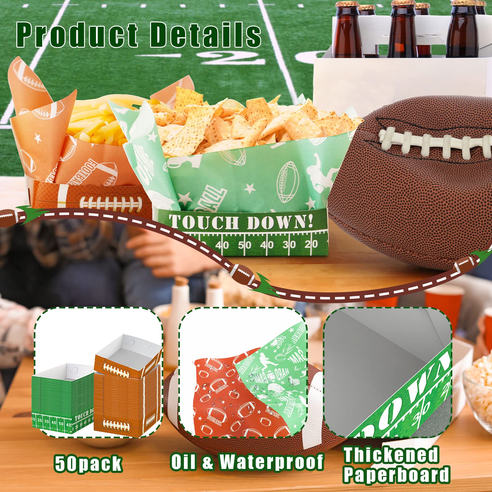 Axyi 50 Pack Football Party Paper Food Trays, Superbowl Party Decorations, Disposable Food Serving Paper, Football Party Food Bo