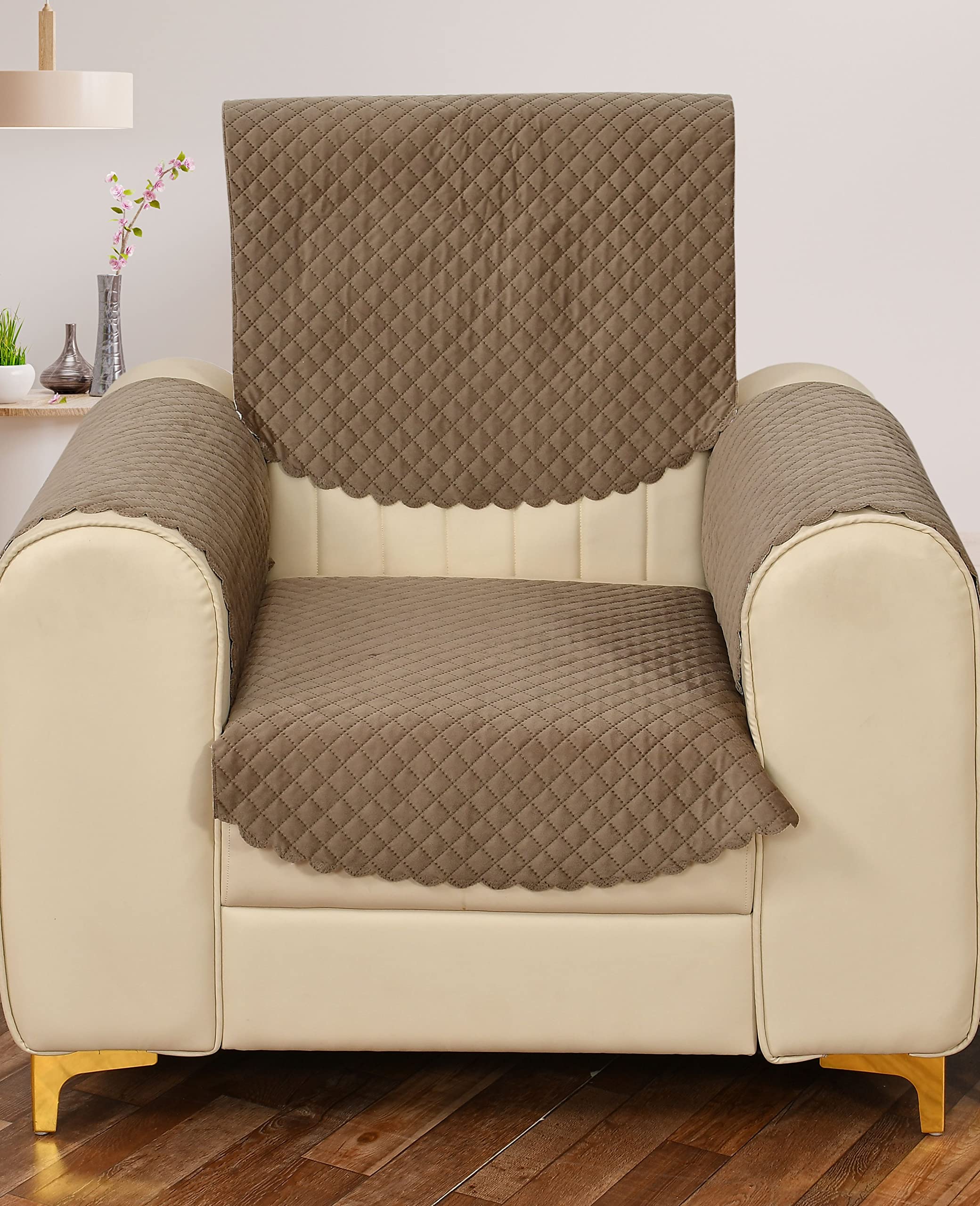 Yellow Weaves 1 Seater Self Design Quilted Sofa Chair Cover With Arm Cover, Seat & Back Cover, Color - Greyish Brown