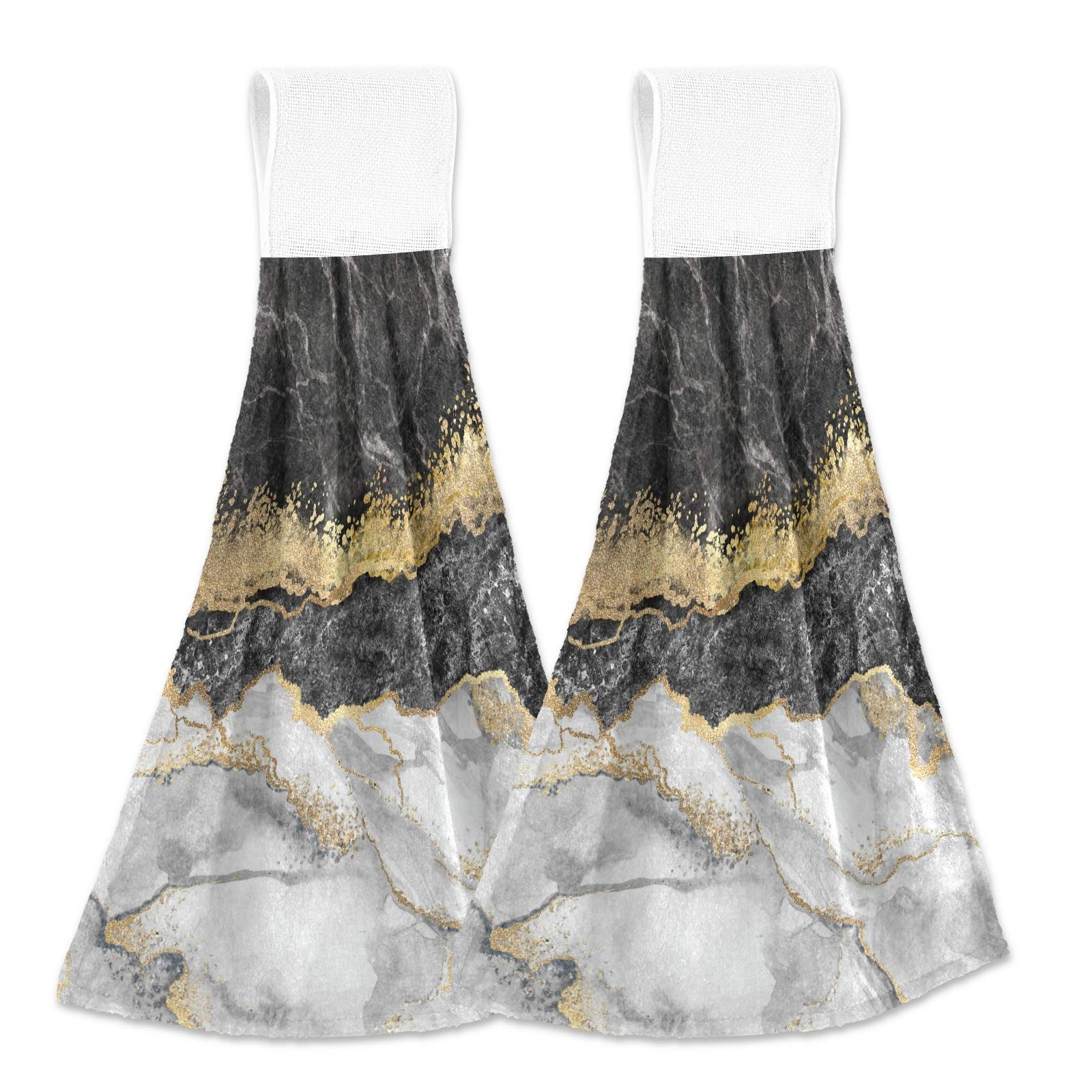 Selerdon Kitchen Hand Towel Black White Marble Gold Foil Hanging Tie Towels 2 Pieces Fast Dry Absorbent Soft Touch Hanging Kitchen Towels Used for Home Kitchen Bathroom Decoration