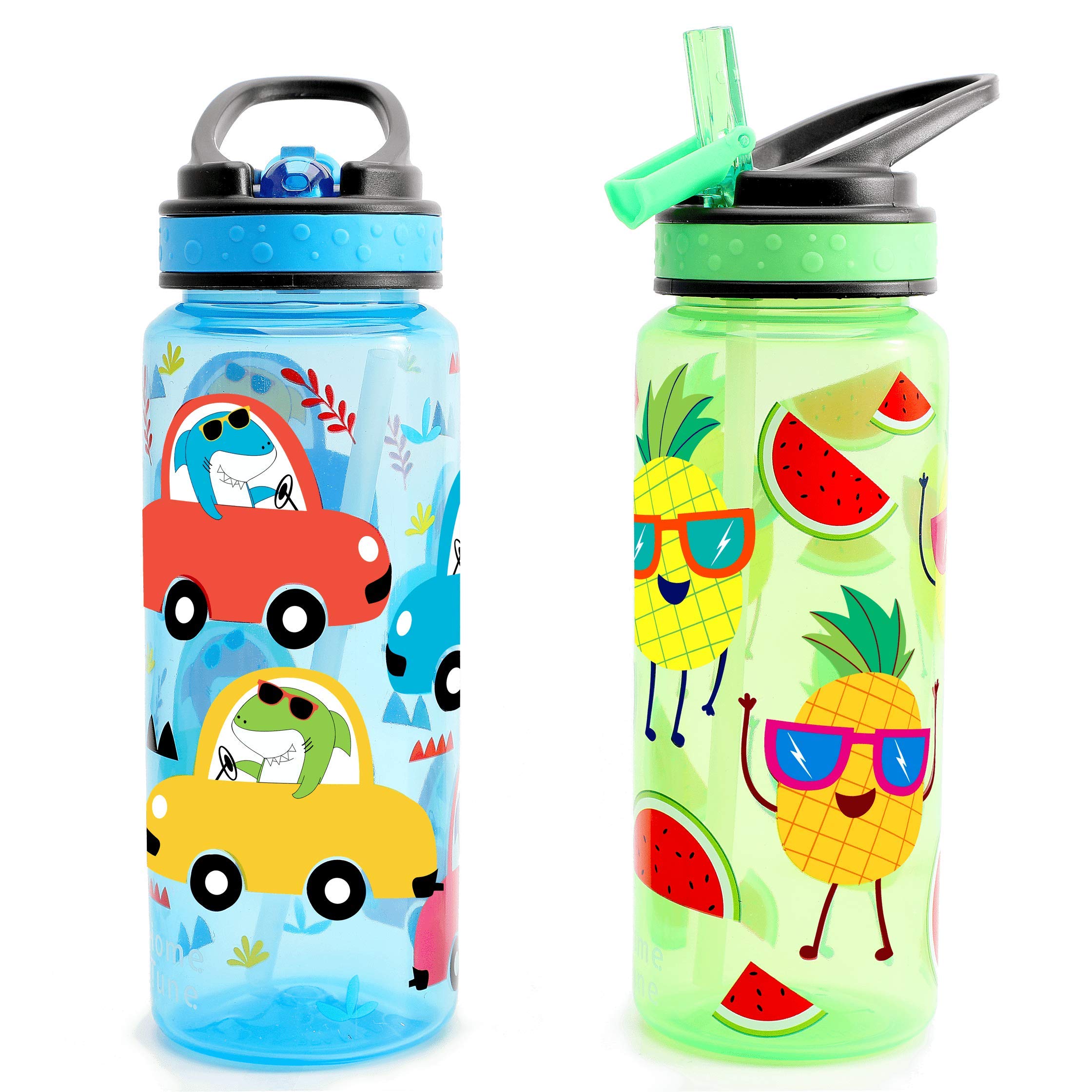 Home Tune 23Oz Kids Water Drinking Bottle 2 Pack - Bpa Free, Auto Push Button, Chug Lid, Carry Loop Lightweight, Spill-Proof Wat
