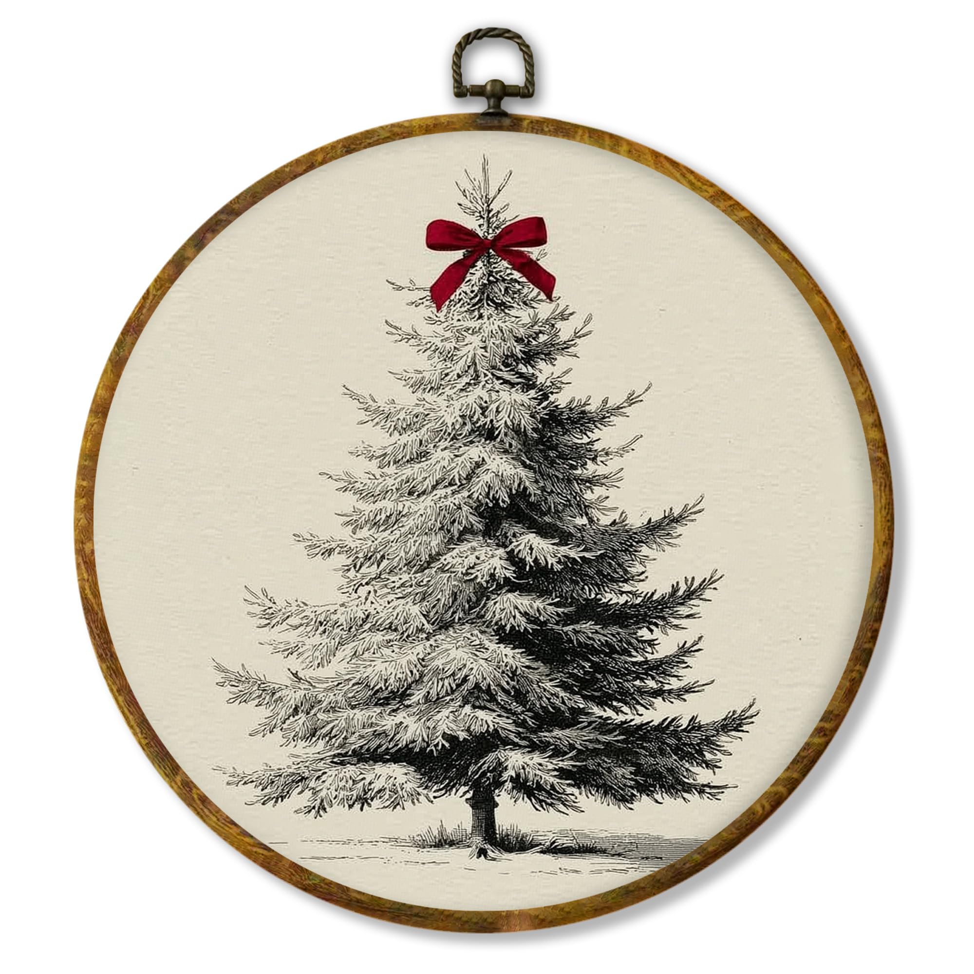 Hiuwevt Winter Pine Tree Round Wall Art Decor, Rustic Snowy Forest Framed Canvas Prints, Red Bows Farmhouse Winter Round Wall Ha