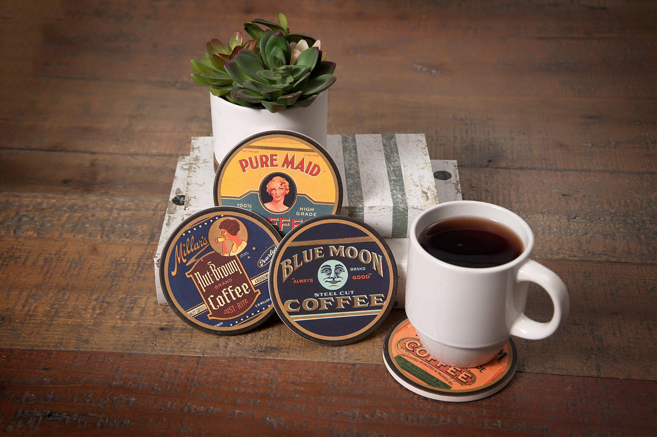 Coasterstone Coffee Labels Absorbent Coasters, Slightly Oversized At 4,25'' Width, Multicolor