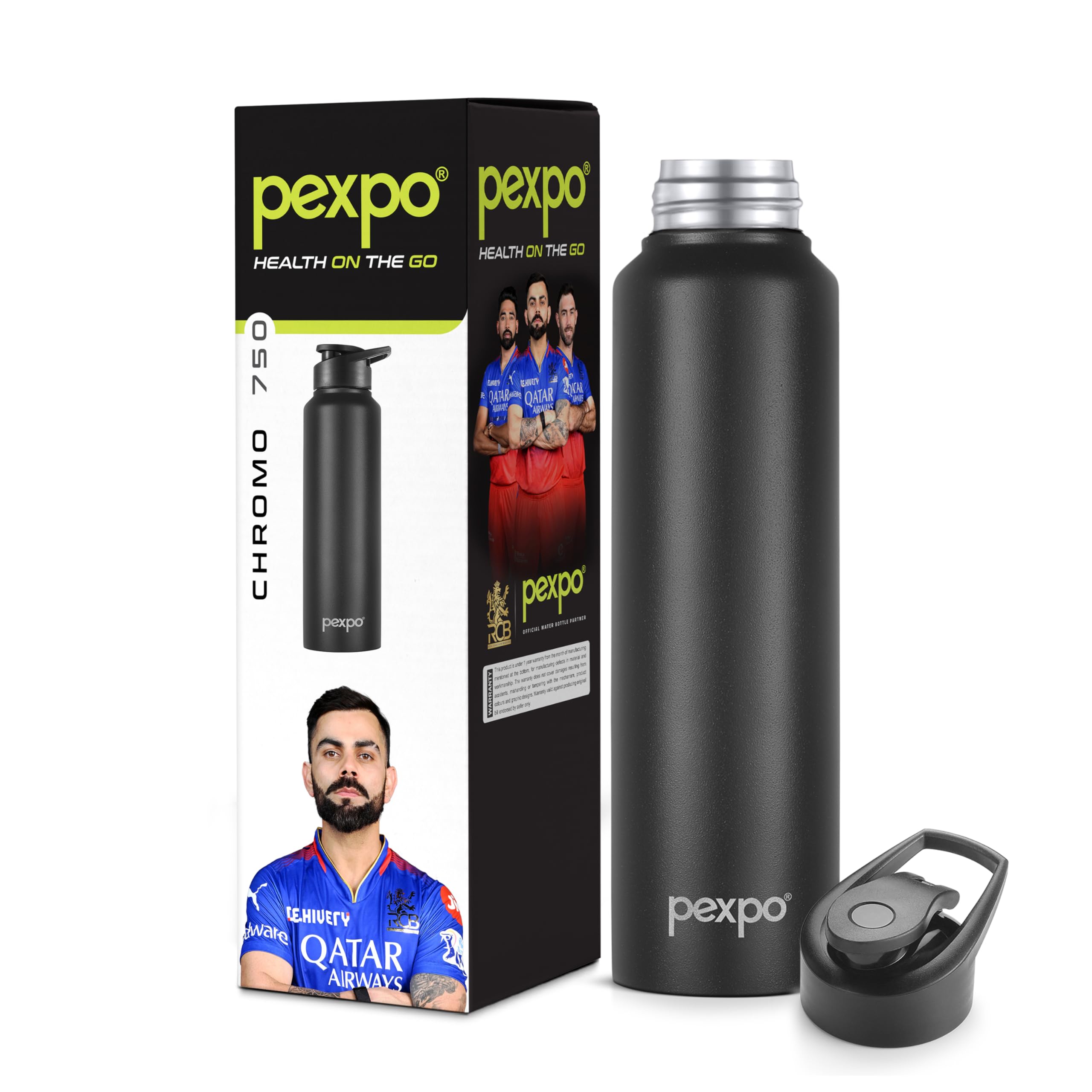 Pexpo Chromo Pro Stainless Steel Sports/Fridge Sipper Water Bottle 750Ml, Knight Black | Eco Friendly | Water Bottle For Office,