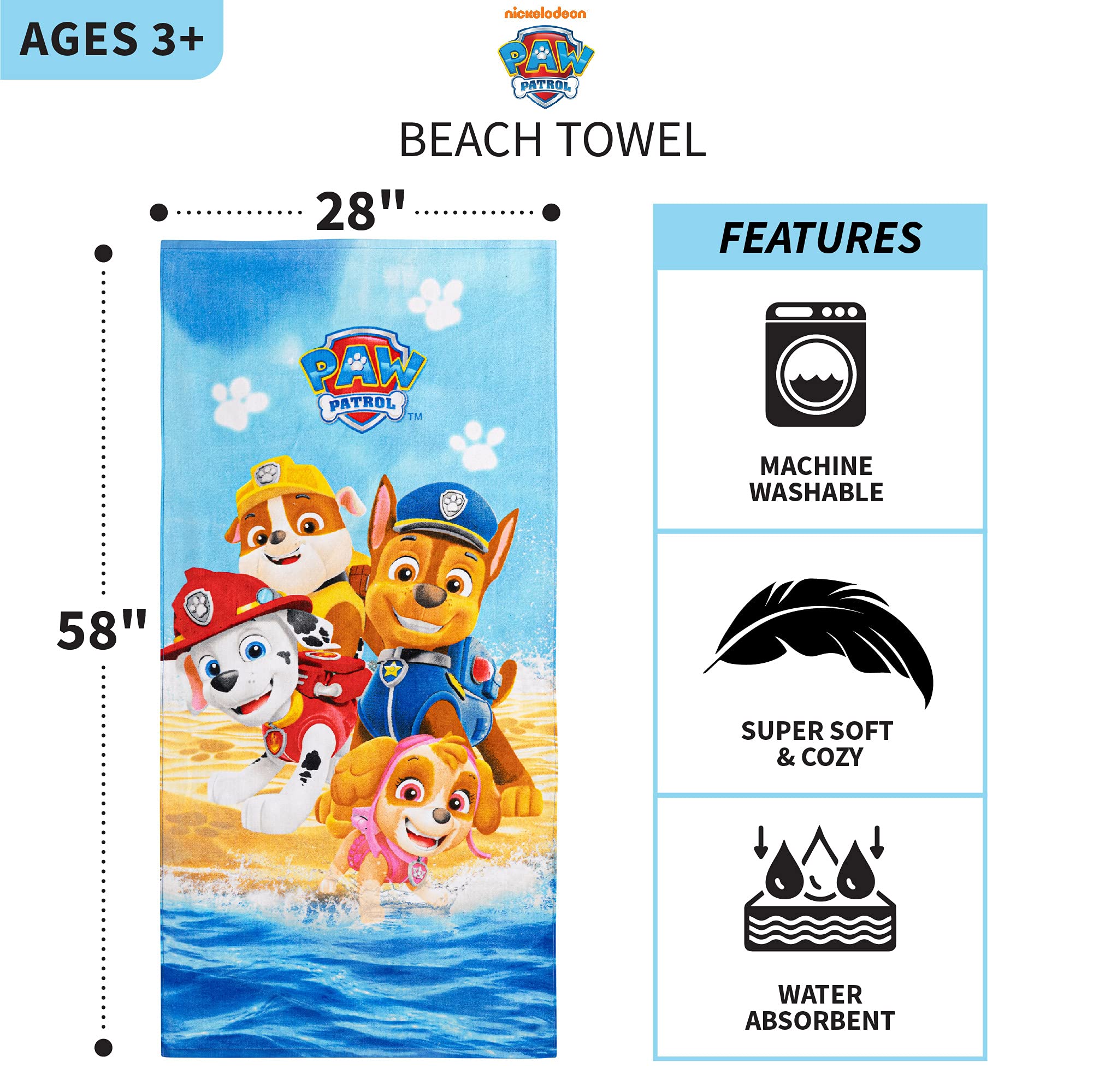 Franco Kids Super Soft Cotton Bath/Pool/Beach Towel, 58 in x 28 in, Paw Patrol