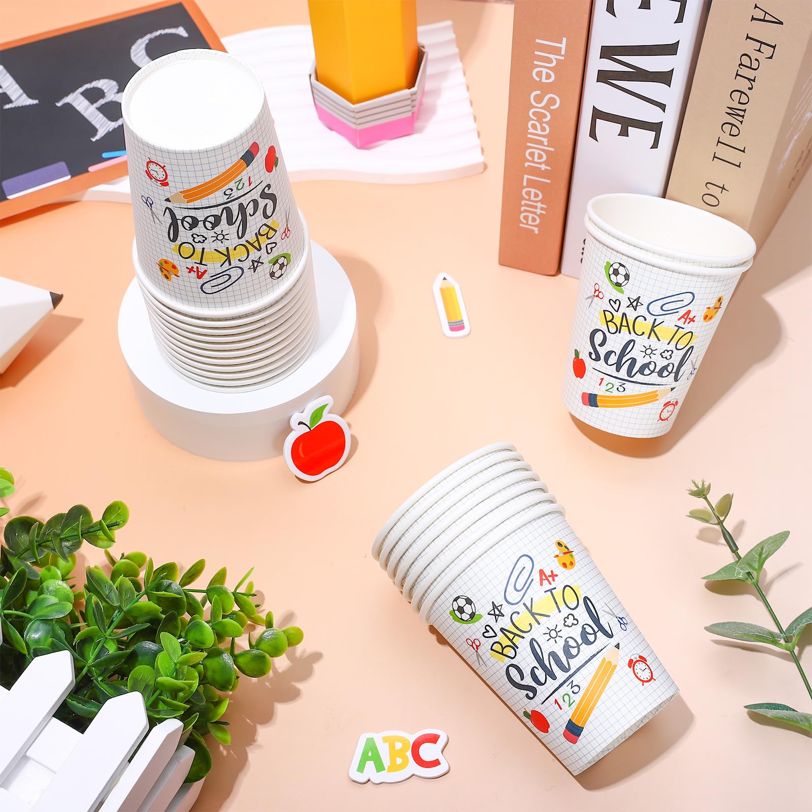 Whaline 50Pcs Back To School Party Paper Cups Funny Cartoon Disposable Cups Bulk First Day Of School Party Decorative Cups For C