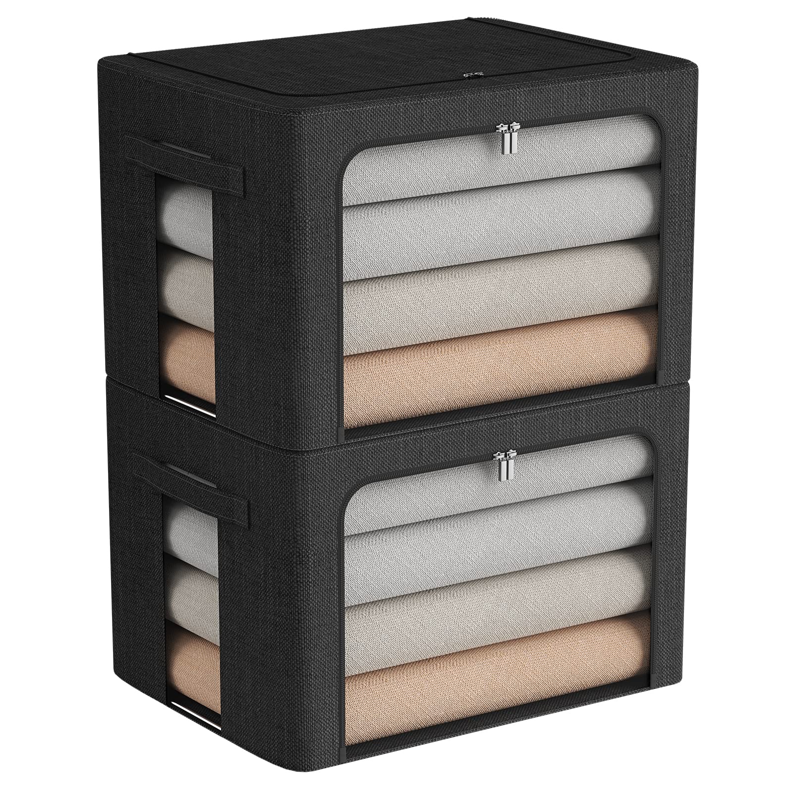 2 Pack Clothes Storage Bins- Foldable Metal Frame Storage Box Large Capacity Linen Fabric Organizer Set with Carrying Handles an
