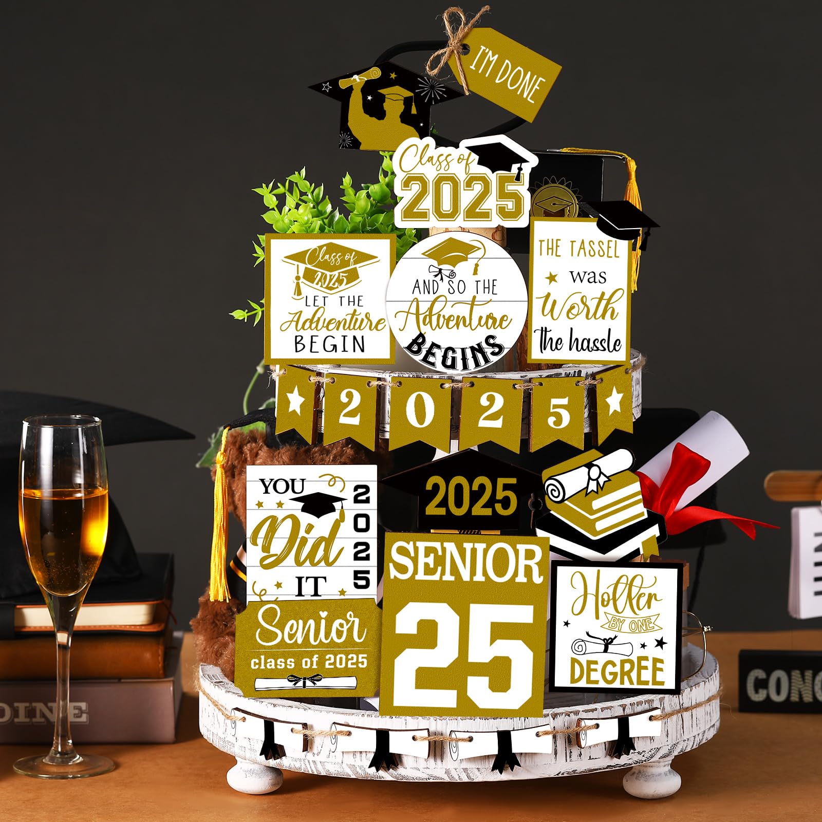 22 Pcs 2025 Graduation Tiered Tray Signs Sets Farmhouse Wooden Class of 2025 Graduation Signs for Home Party Tiered Tray Table O