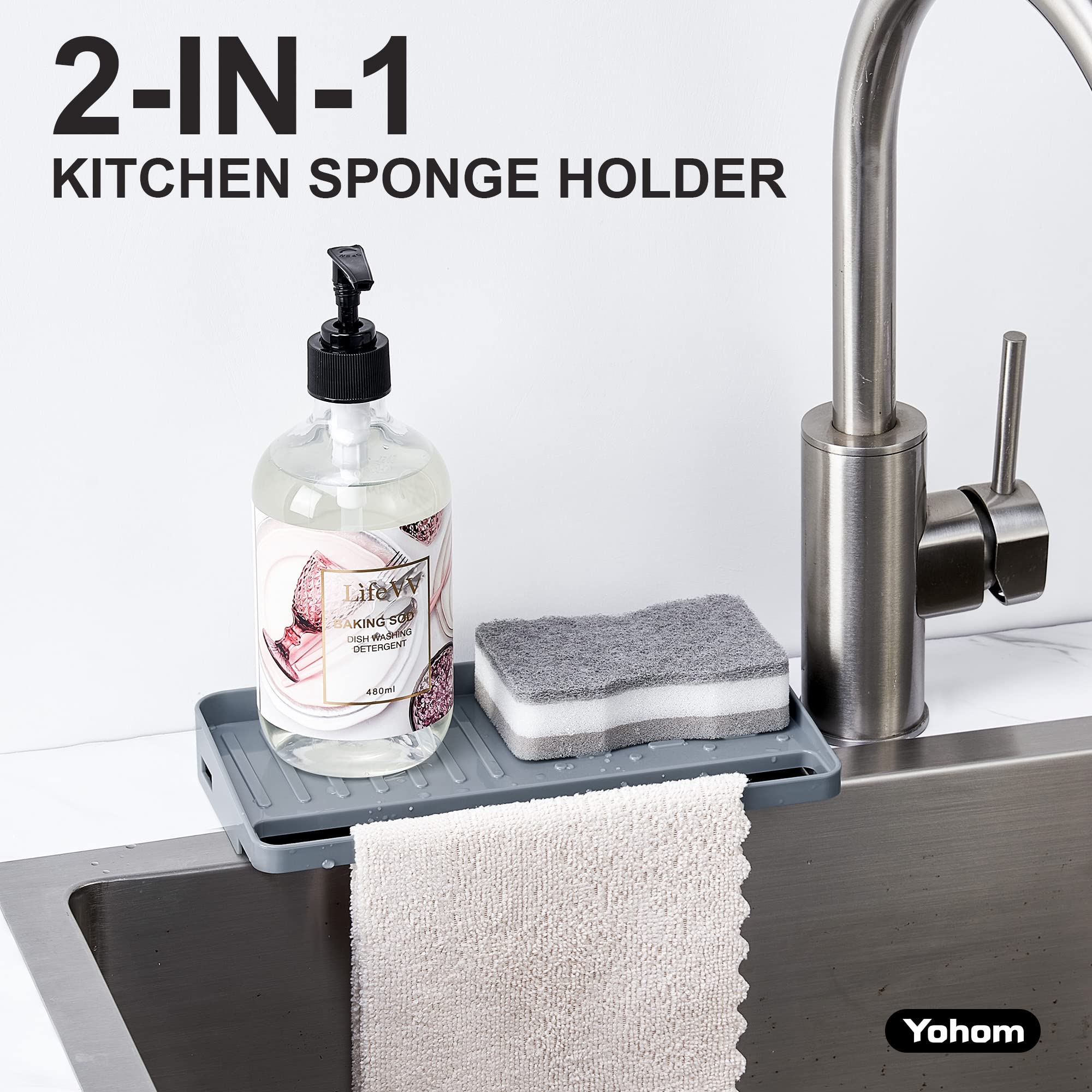 Yohom Suction Cup Sponge Holder For Kitchen 2-In-1 In Sink Dish Rag Holder For Undermount Sink Plastic Scrubber Sponge Tray Orga