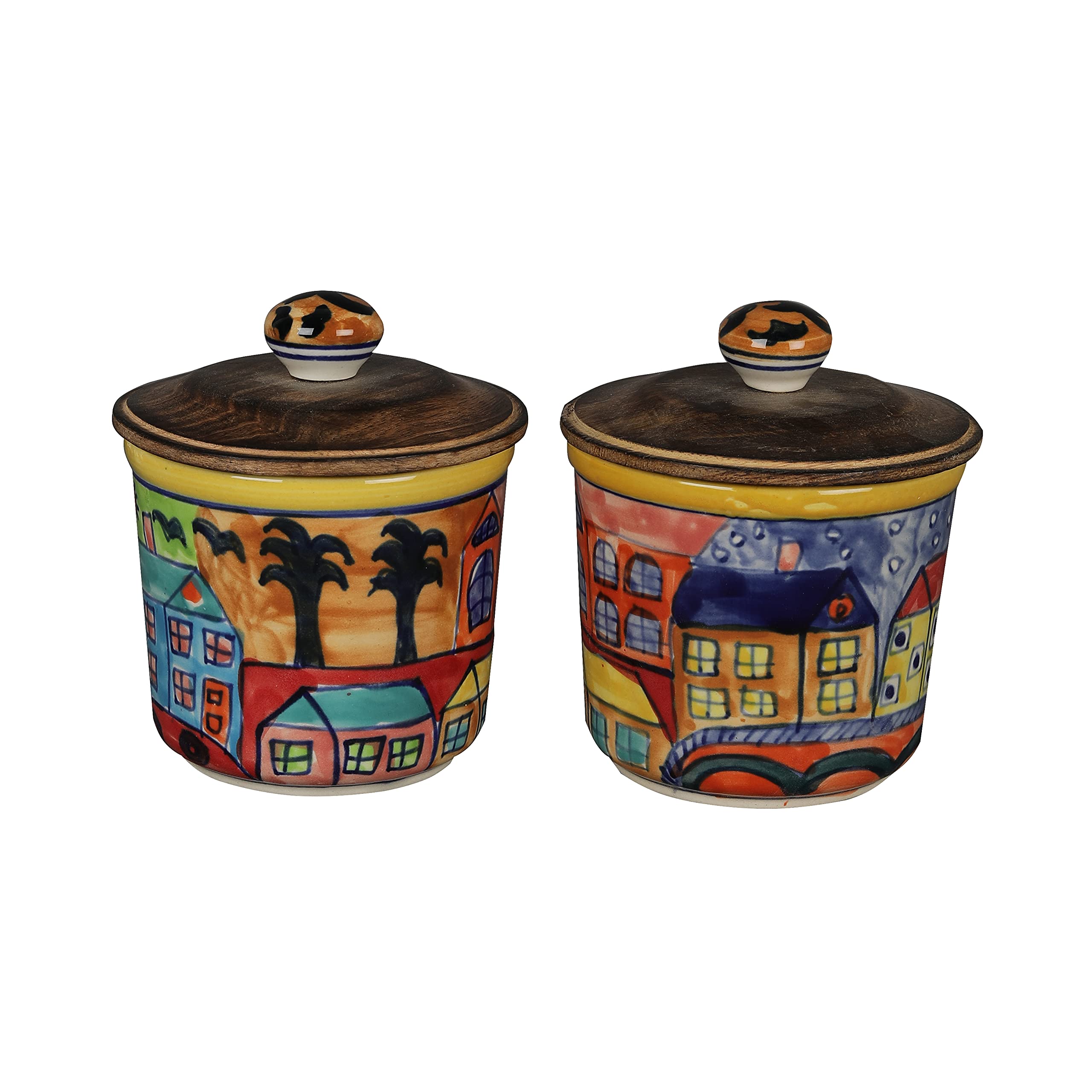 Miah Decor Printed Handmade Ceramic Jars With Lid Multipurpose Barni For Chutney, Pickle Jar Storage Container, Dining Table Con