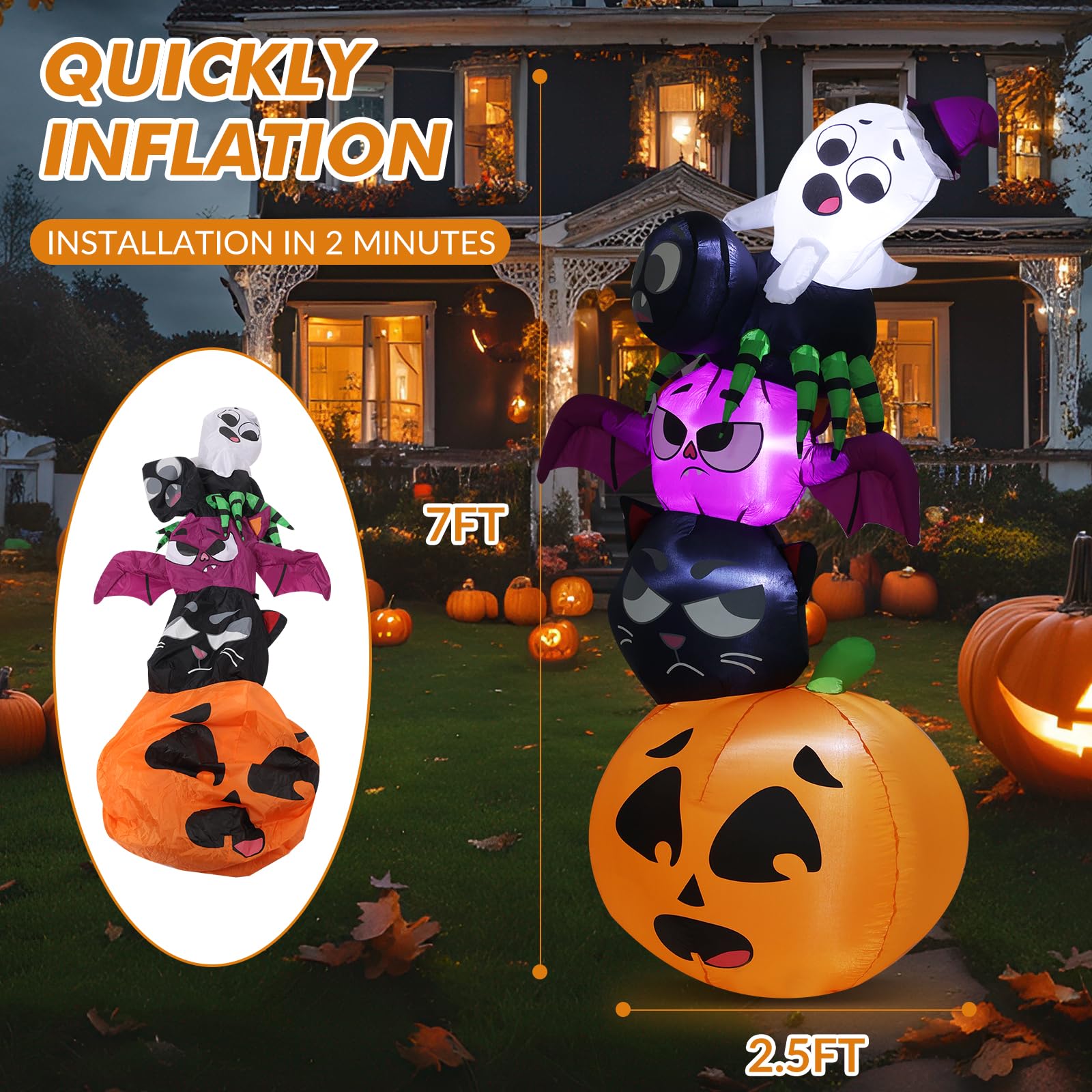 7FT Halloween Inflatables Outdoor Decoration, Cute Stacked Pumpkin Ghost Cat Bat Spider Blow Up Yard Decor with Built-in Lights