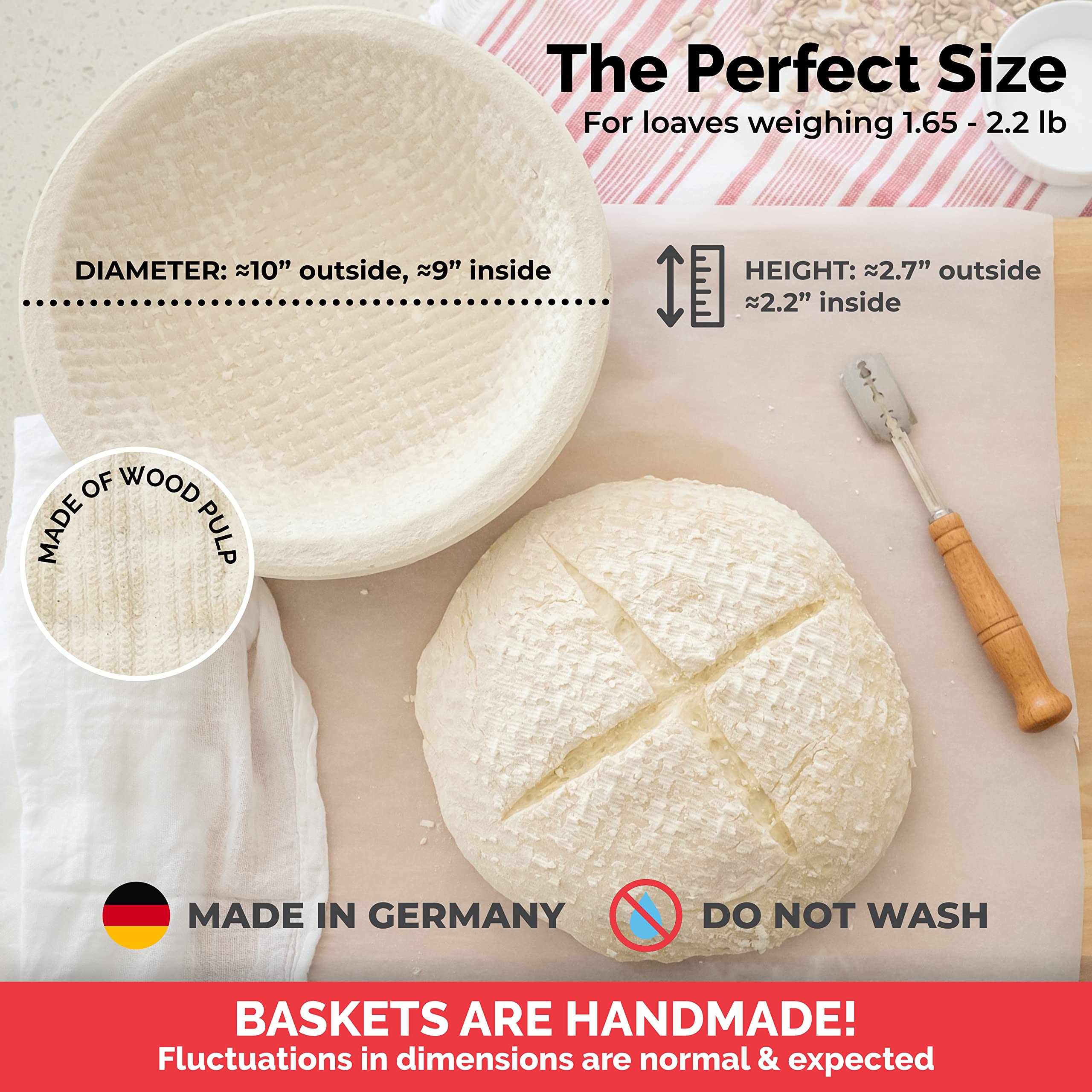 Bulka Banneton Bread Proofing Basket Spruce Wood Pulp Round 9'' Waffle, Sourdough Bread Baking Supplies Brotform - Non-Stick Dou