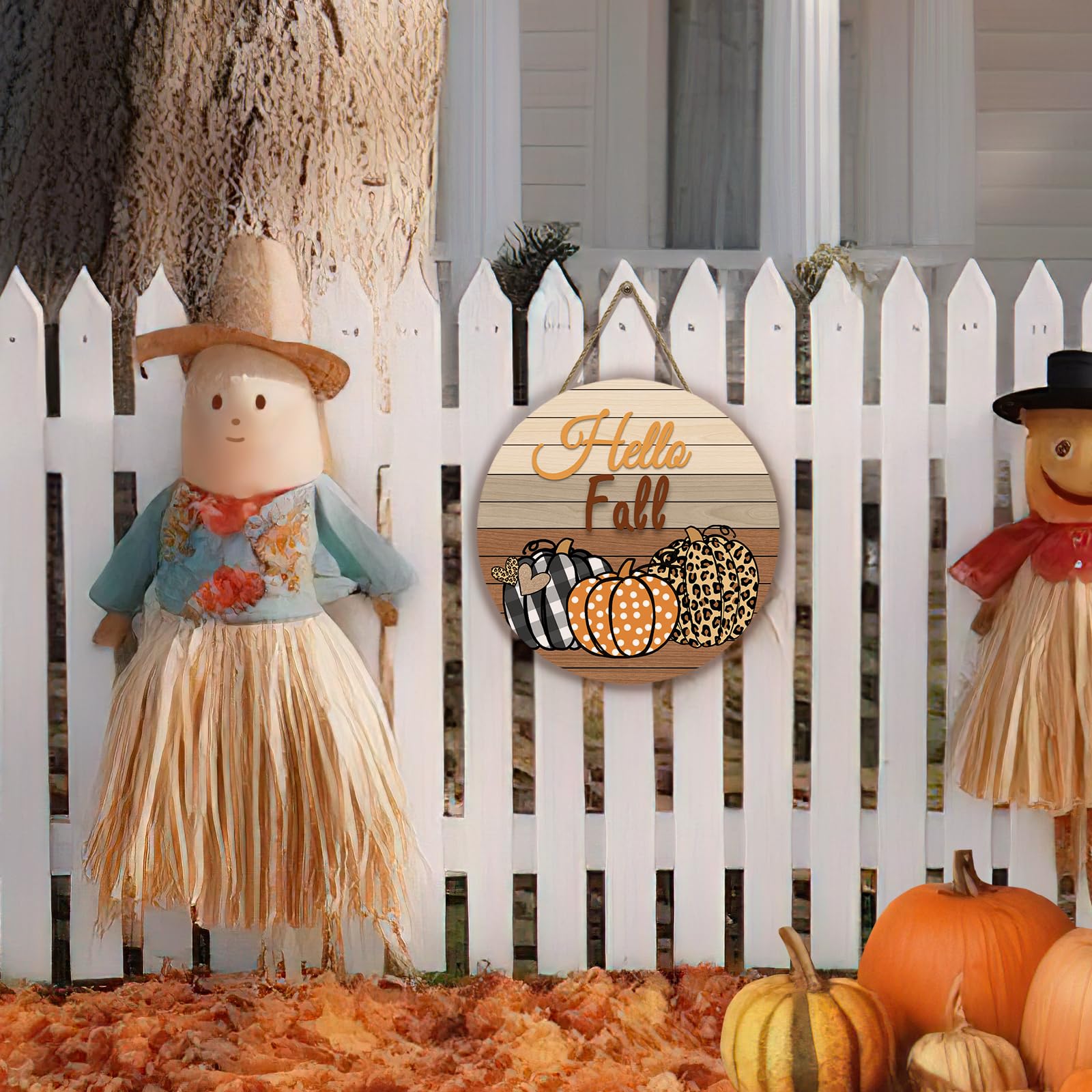 Dacawin Hello Fall Pumpkin Wooden Door Signs Autumn Harvest Sign Front Door Decor Plaid Pumpkin Farmhouse Door Hanger Decoration