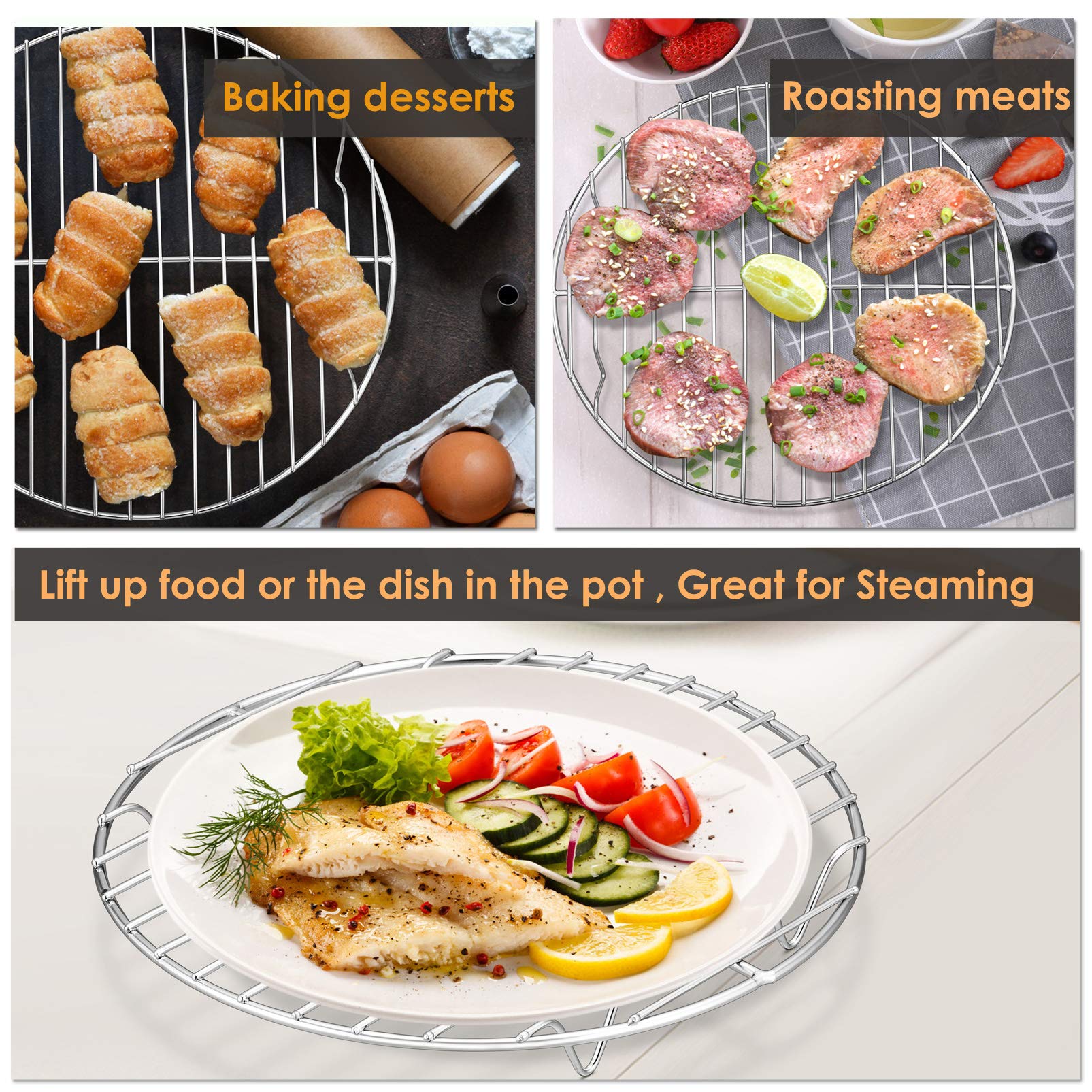 P&P CHEF 9 Inch Round Cooking Rack (Set of 3)  Stainless Steel Baking Cooling Steaming Racks for Home Kitchen  Fits in Air Fryer  Stockpot and Canning  Oven & Dishwasher Safe