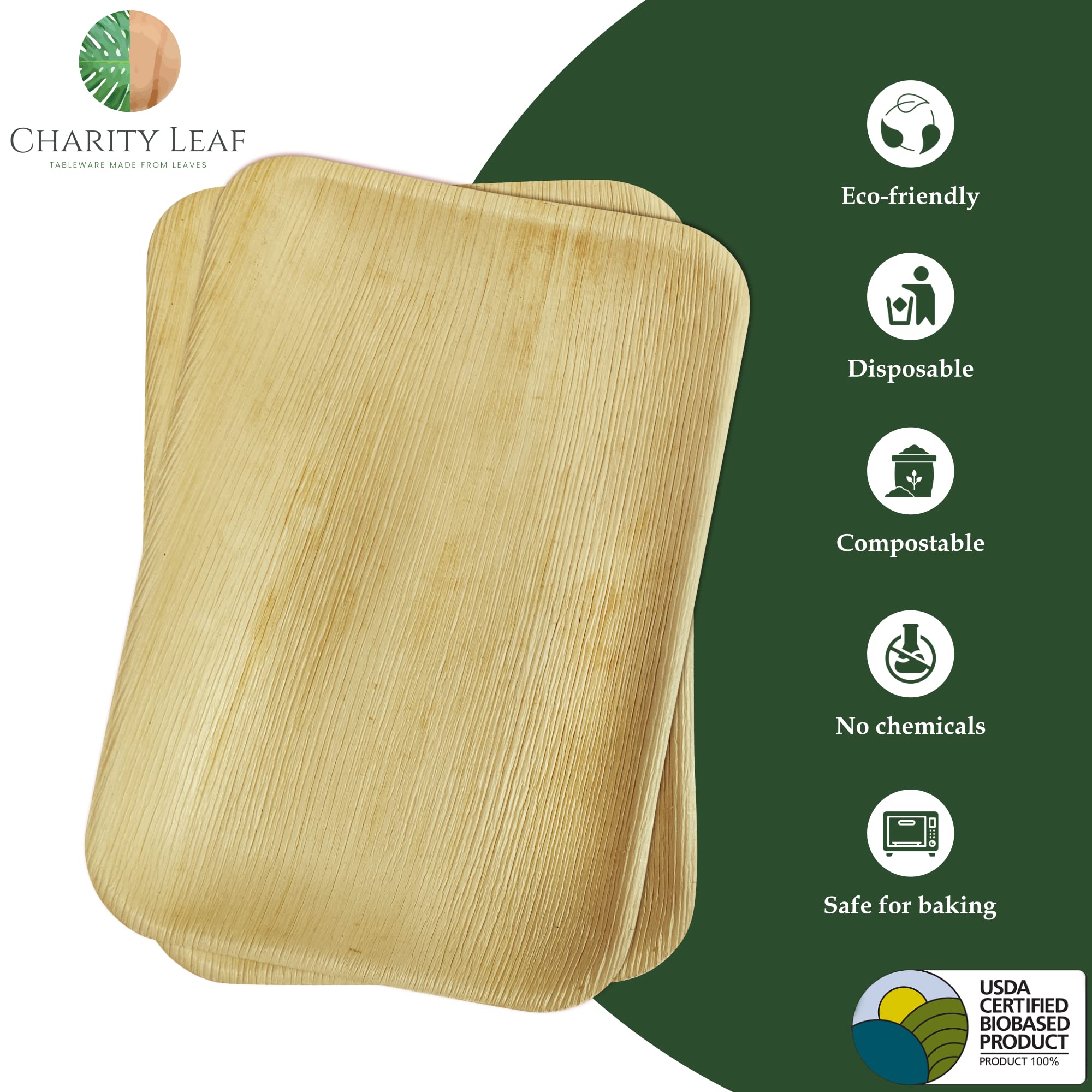 Charity Leaf Eco-Friendly Palm Leaf Trays - 9''X6'' (25-Pack) | Elegant Bamboo-Inspired Platters | Premium Quality, Biodegradabl
