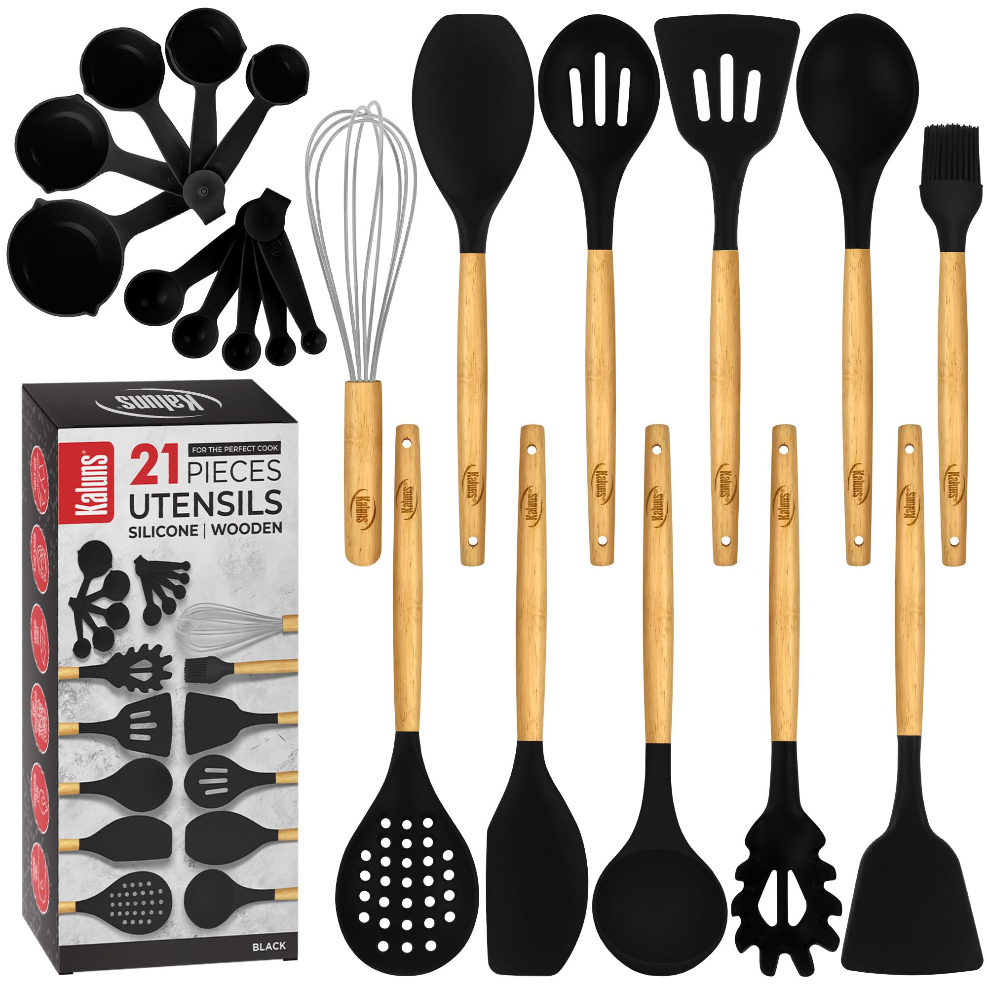 Kaluns Silicone Kitchen Utensils Set, Premium Non Stick Silicone Cooking Utensils Set - 21 Pcs Wooden Handle Silicone Spatula Se