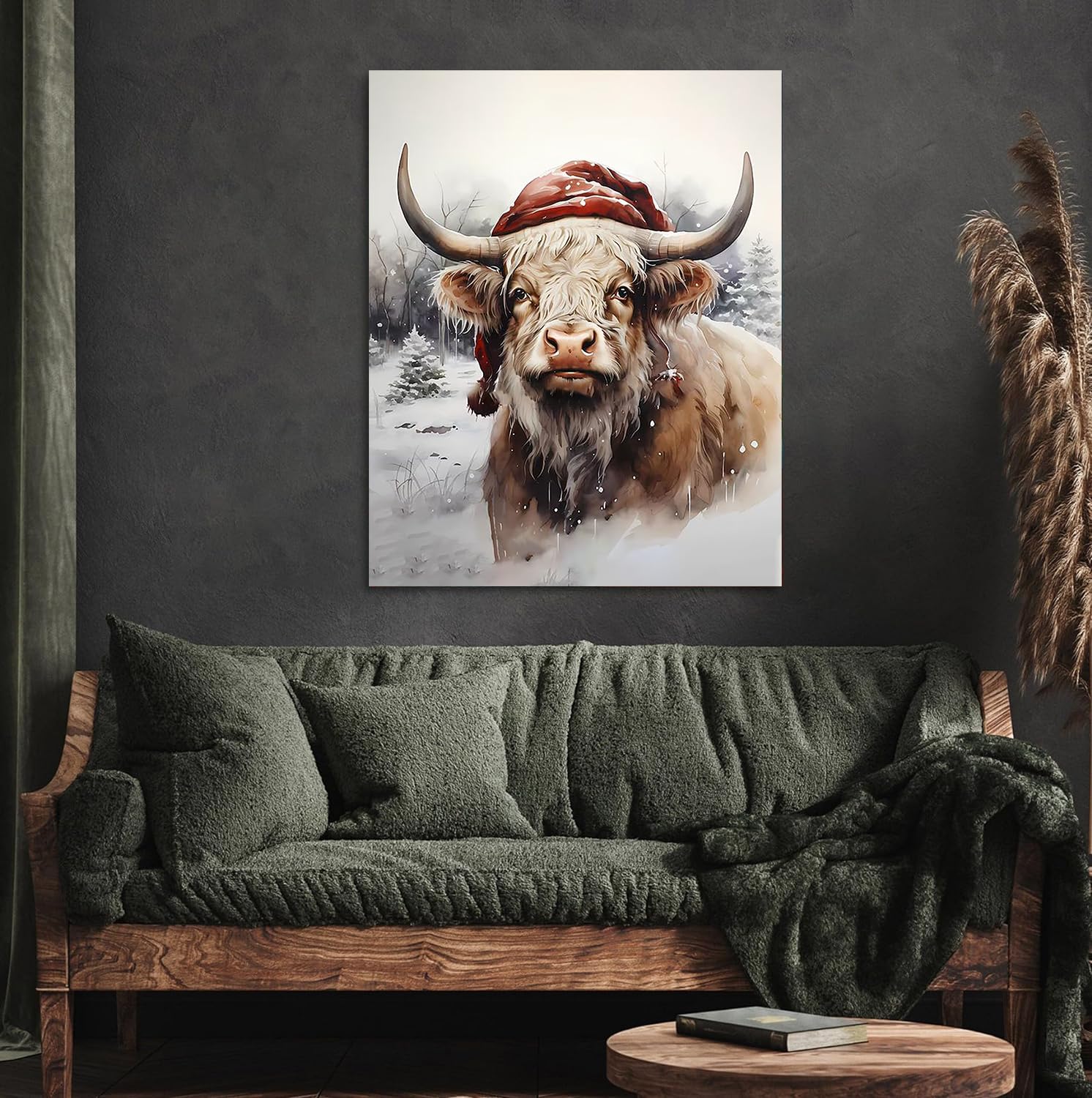 Merry Christmas Cow Canvas Wall Art Highland Cow Canvas Wall Decor Holly Farmhouse House Canvas Poster Decor Xmas Holiday Decora