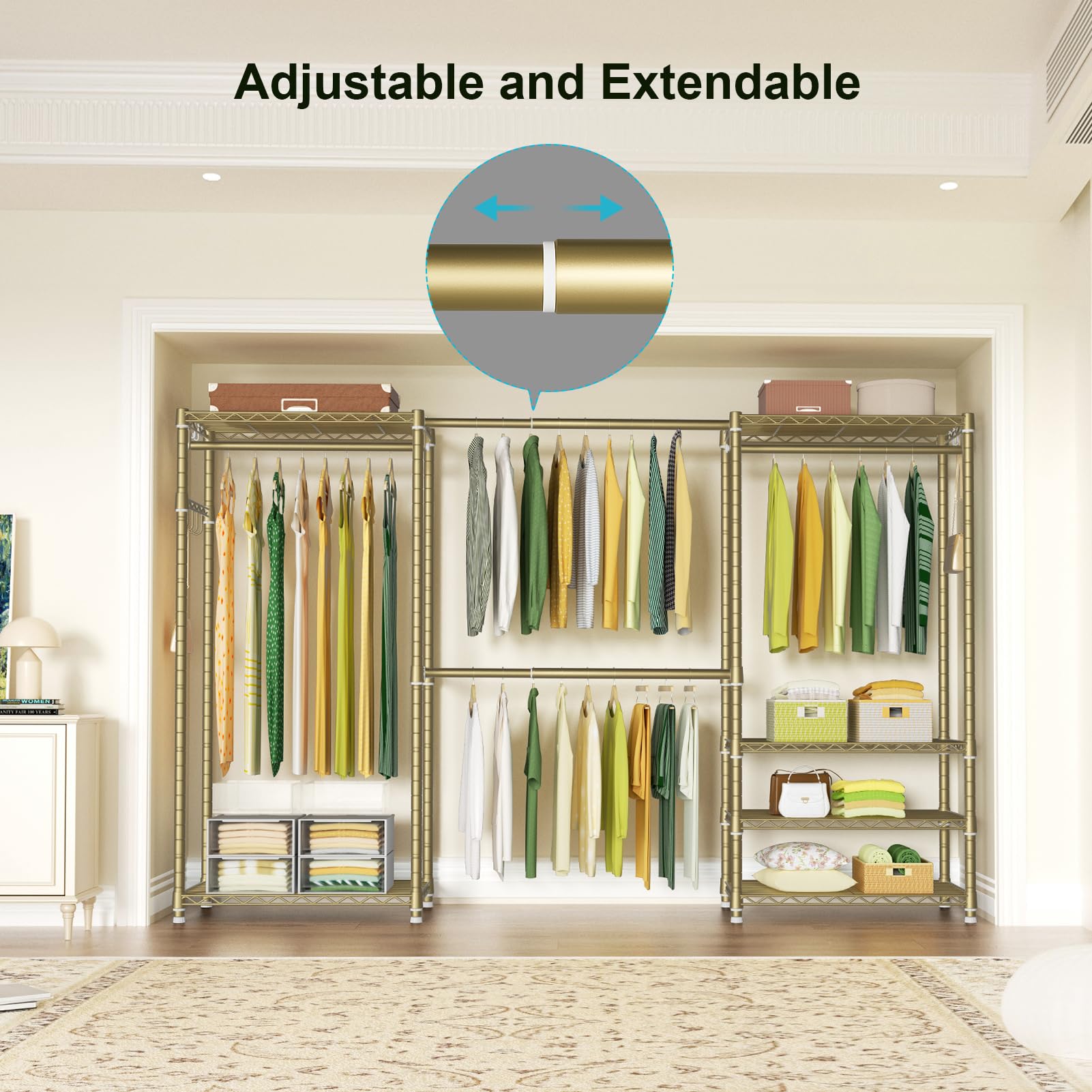Ulif E1 Heavy Duty Closet Garment Rack, 6 Tiers Adjustable Metal Freestanding Expandable Clothing Storage With 4 Hanger Rods, Ea