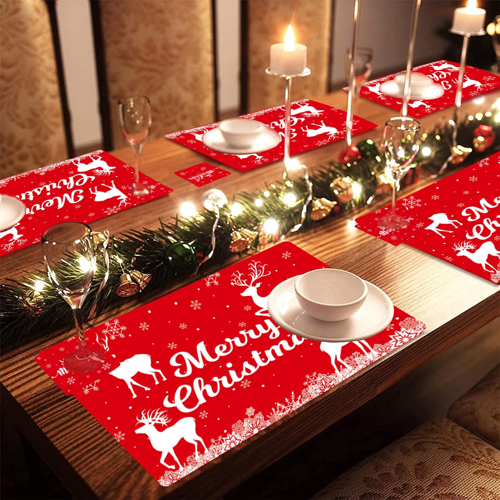 12Pcs Christmas Pvc Placemats Coasters Set, Rectangular Reindeer Elk Snowflake Dining Table Place Mats, Washable Heat-Resistant
