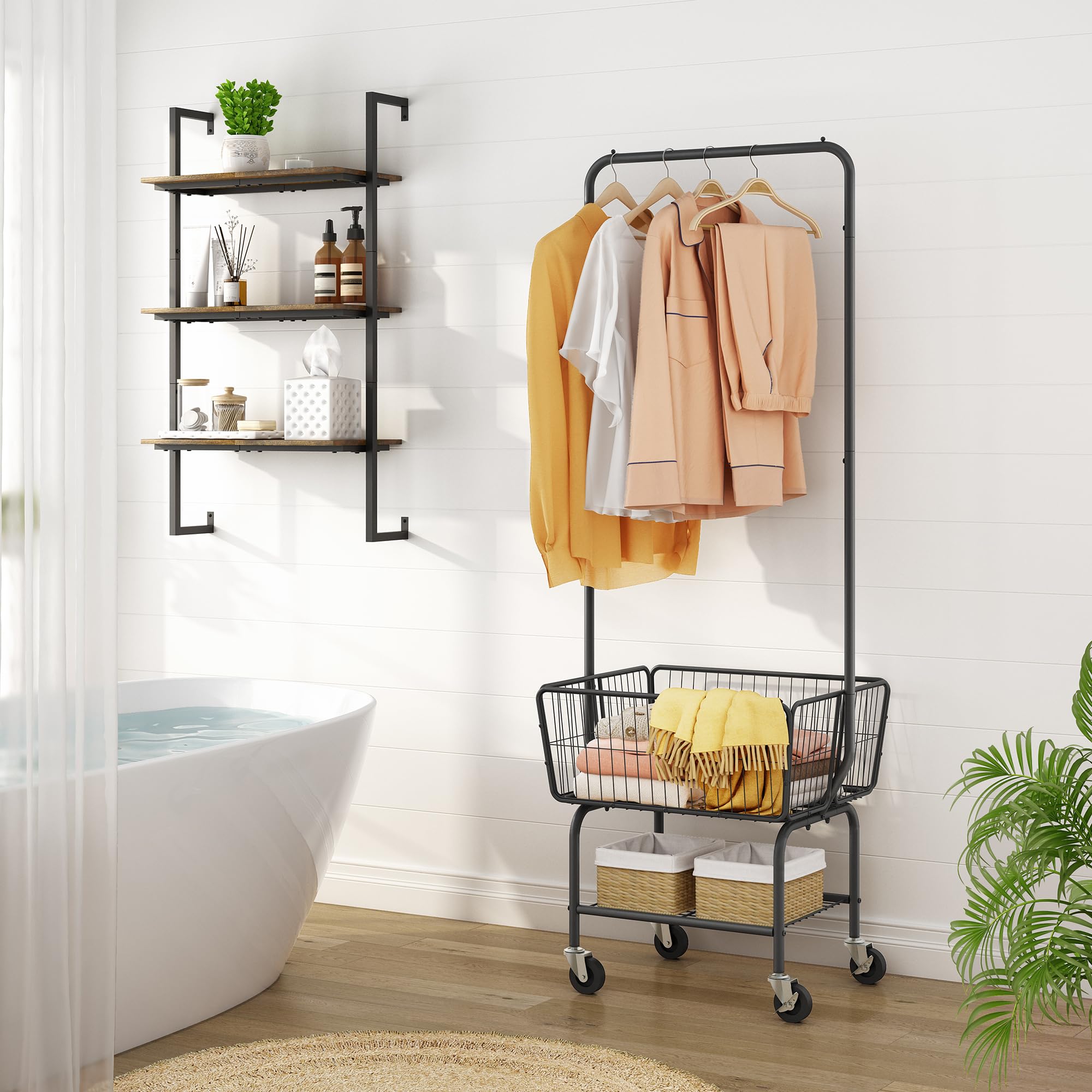 Tajsoon Laundry Cart With Hanging Rack, Metal Laundry Basket With Wheels, Laundry Hamper With Storage Basket And Shelf, Rolling