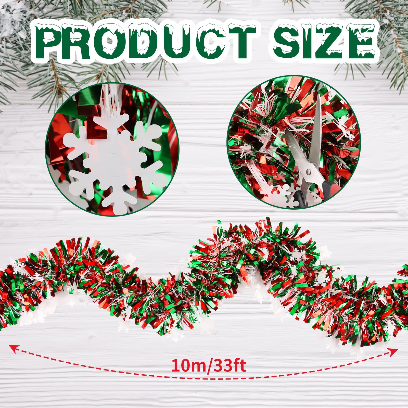 FOIMAS 33 Feet Christmas Tinsel Garland, Metallic Red and Green Christmas Garland with Snowflake Hanging Garland for Xmas Tree F