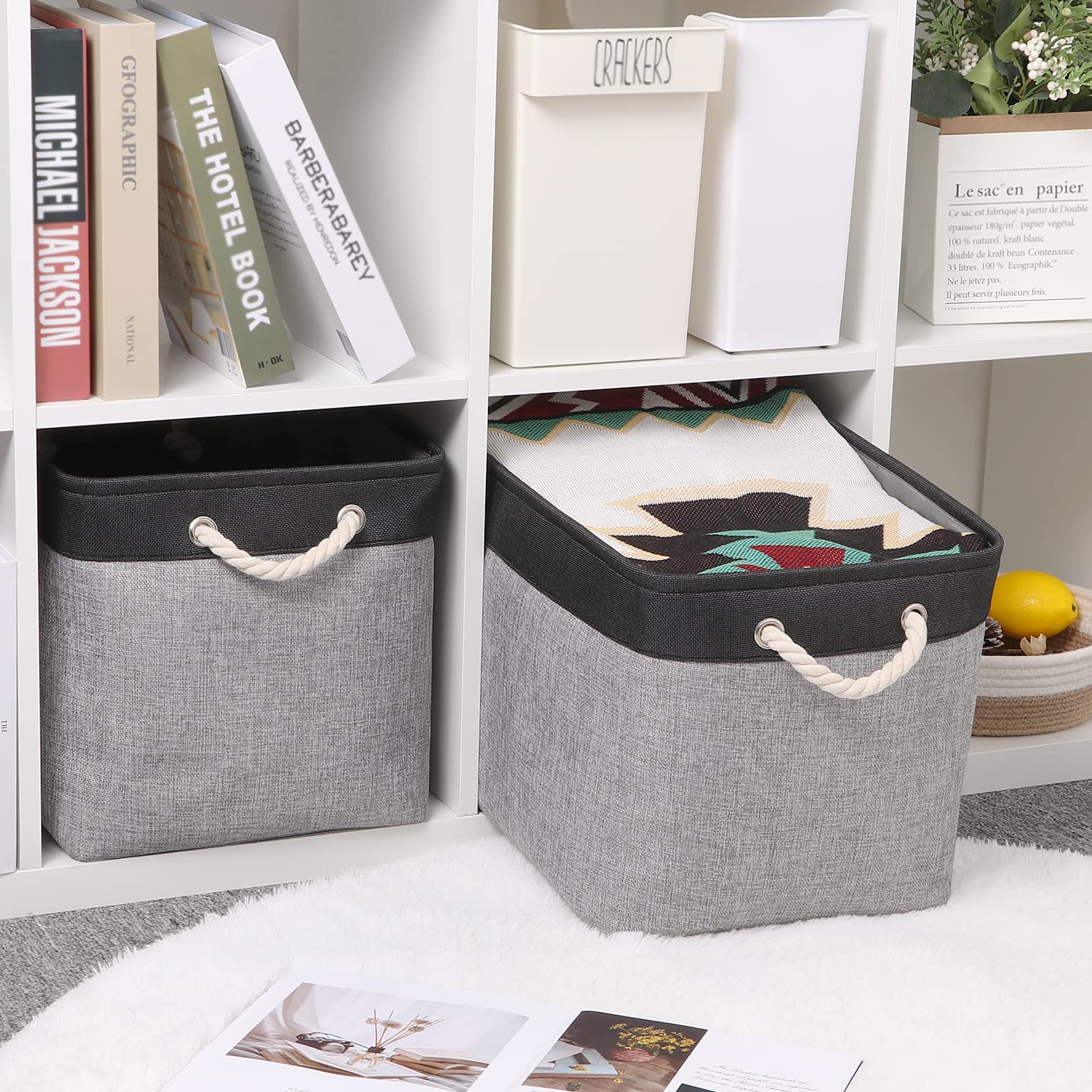 Bidtakay Fabric Storage Baskets With Handles [2-Pack] Large Canvas Organizer 16'' X 11.8'' X 11.8'' Foldable Tall Baskets Rectan