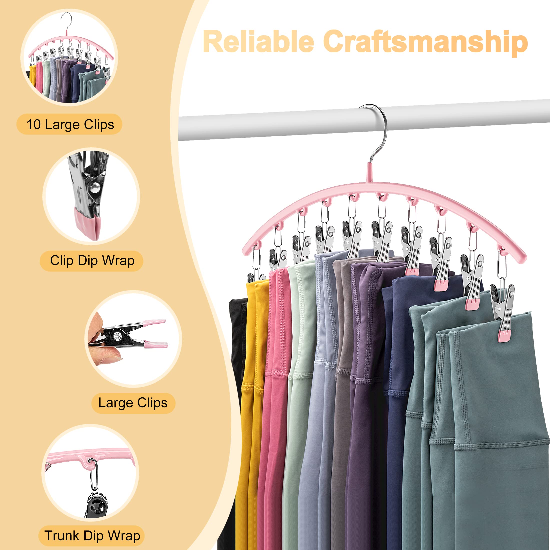 Volnamal Legging Organizer for Closet  Metal Yoga Pants Hangers 2 Pack w/10 Clips Holds 20 Leggings  Hangers Space Saving Hanging Closet Organizer w/Rubber Coated Closet Organizers and Storage  Pink
