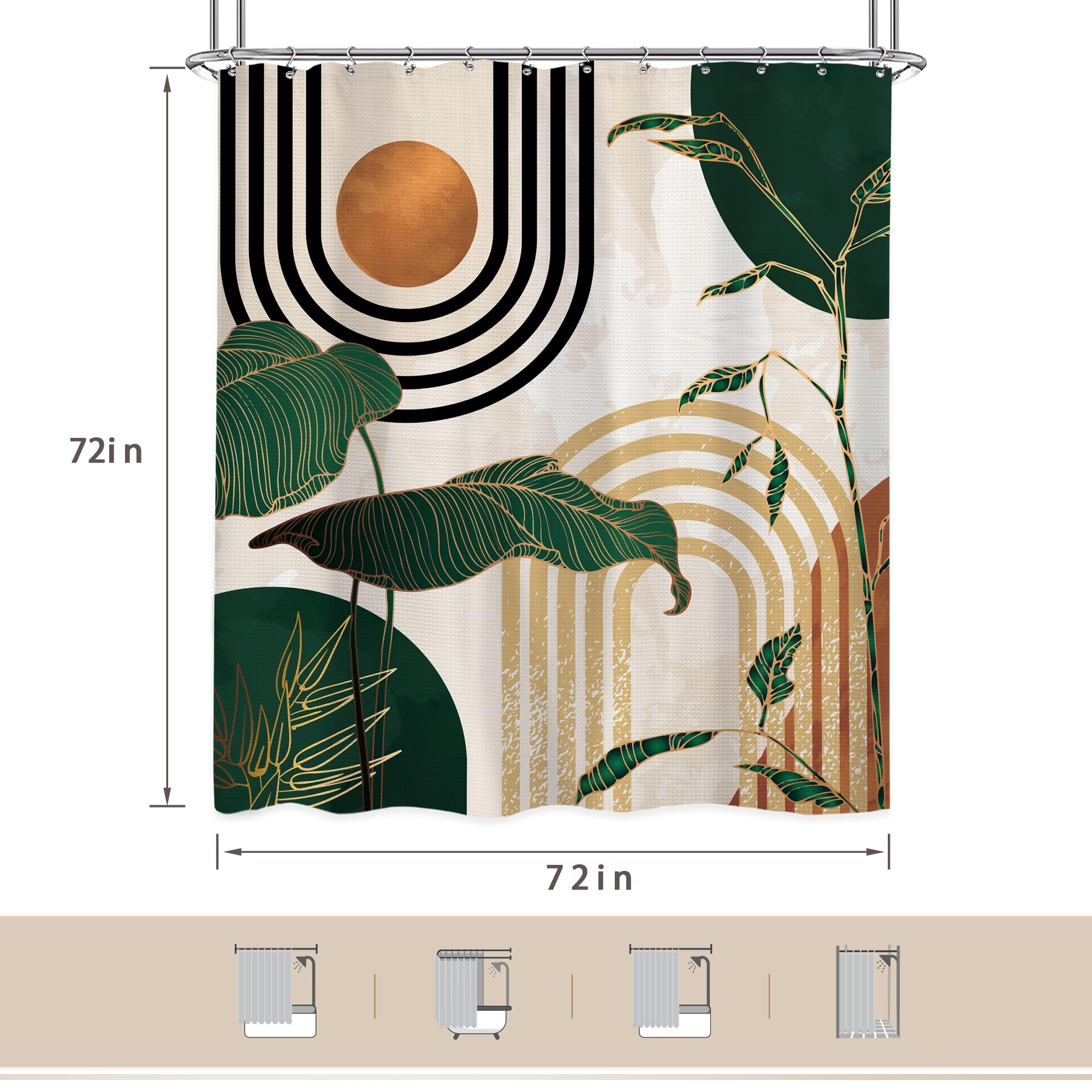 Glawry Abstract Mid Century Waffle Shower Curtain Green Boho Tropical Palm Tree Sun Arch Bathroom Modern Minimalist Aesthetic 72