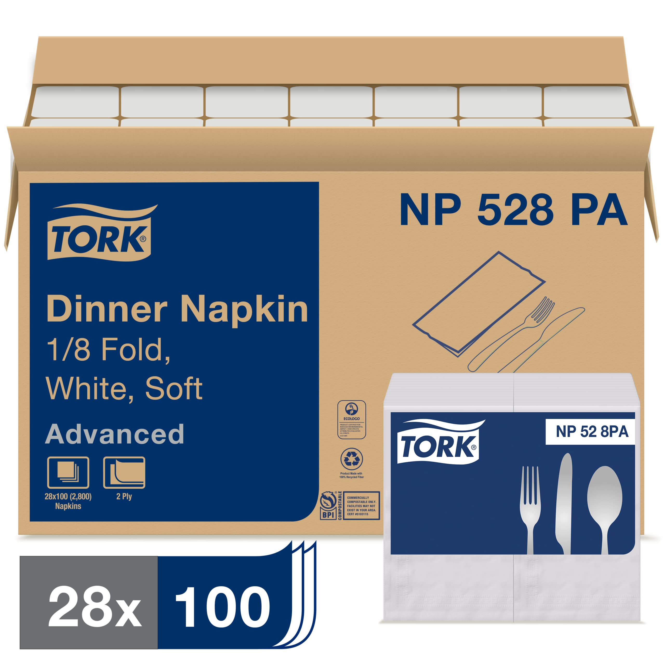 Tork White Soft Dinner Napkin, 1/8 Fold 2-Ply, 15'' X 17, 28 X 100 Napkins, Np528Pa
