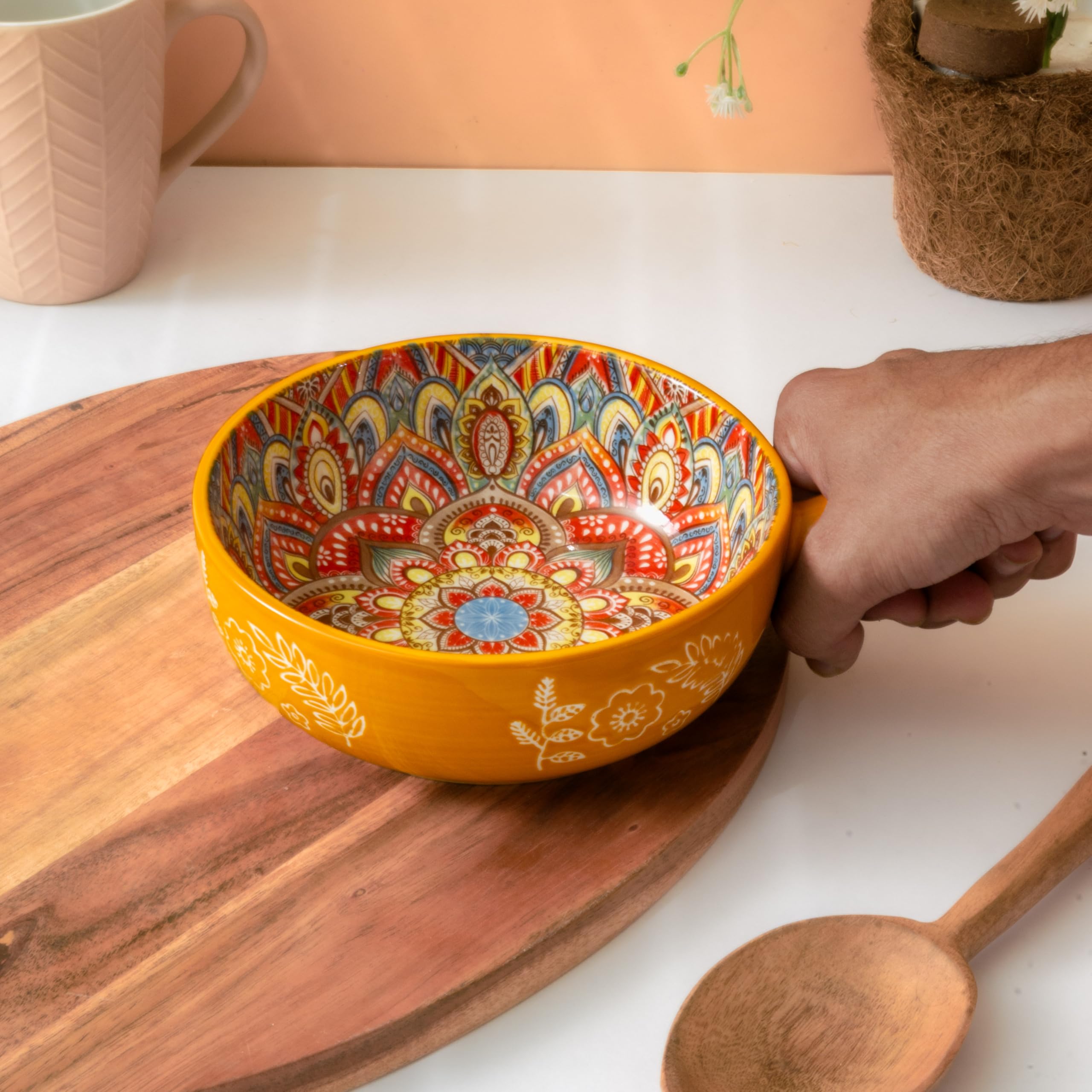 Femora Ceramic Snack Bowl With Handle | Serving Bowl With Handle | Microwave & Dishwasher Safe Big Bowls Perfect For Snacks, Noo