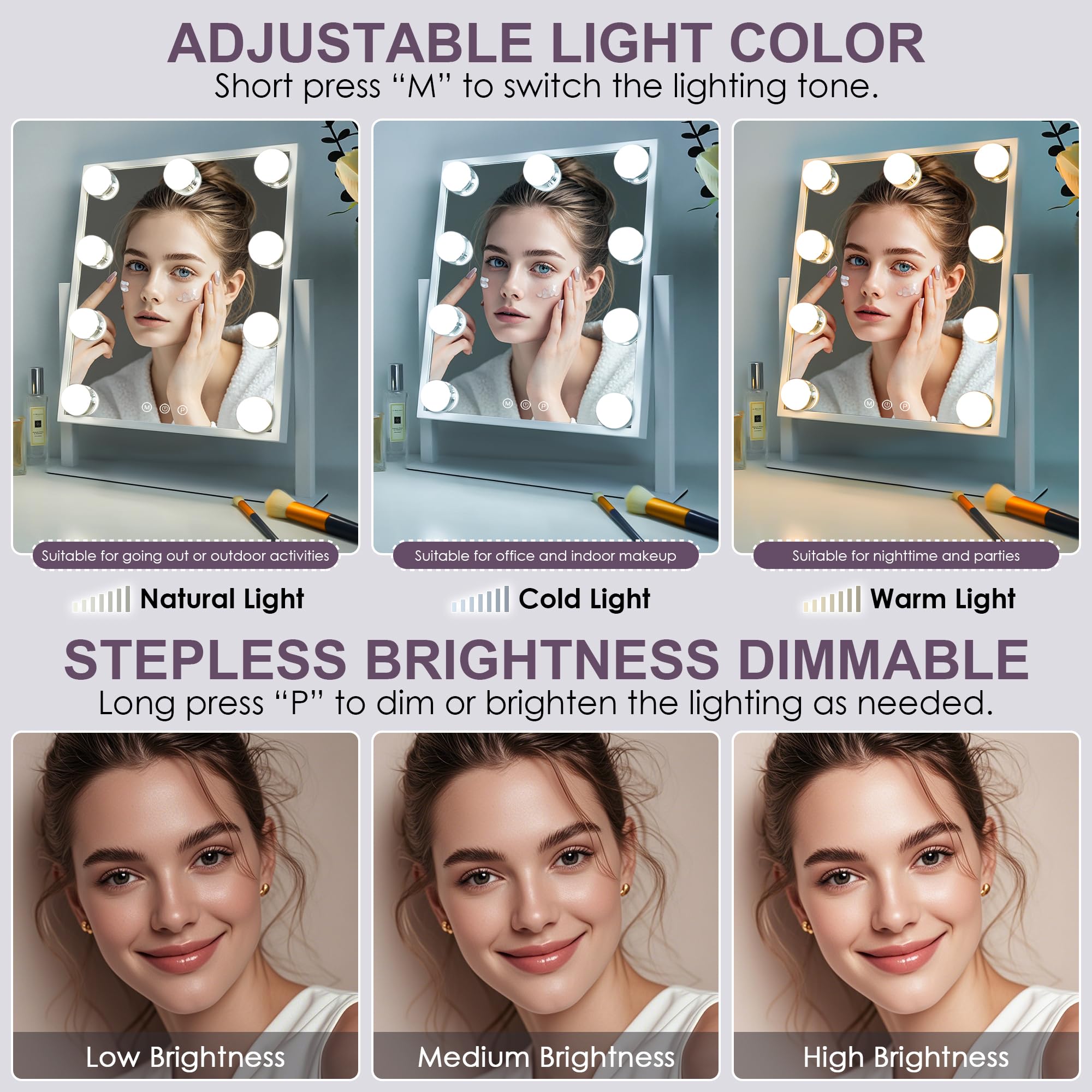 Sucedey Vanity Mirror with Lights, Makeup Mirror with Lights, 3 Color Lighting Modes Detachable 10X Magnification Mirror Touch C